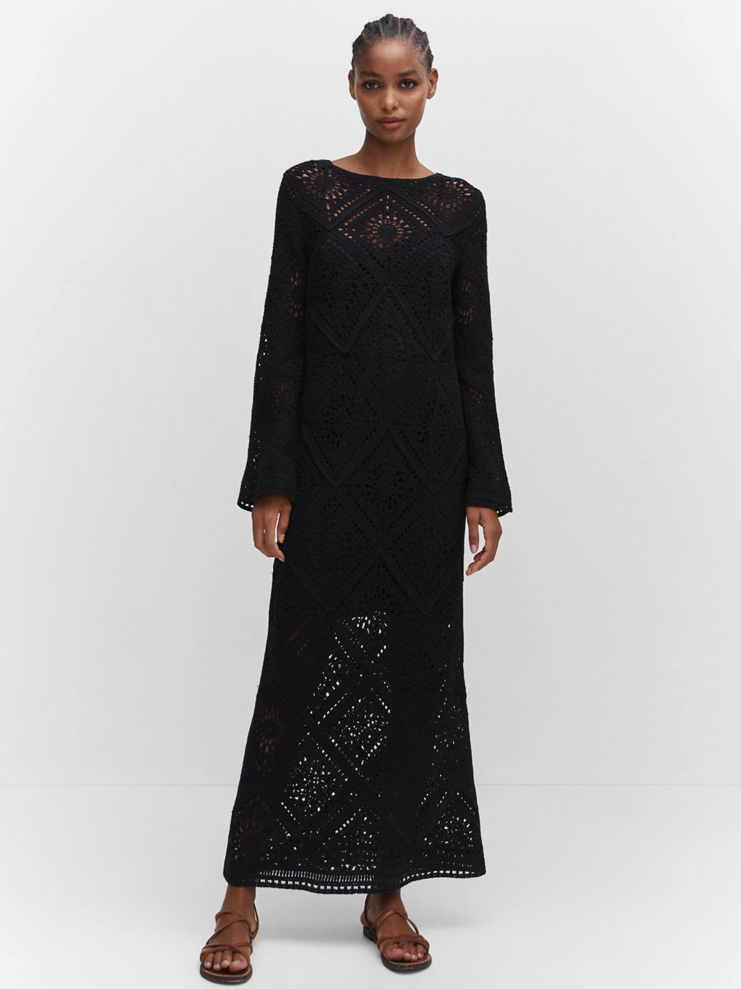 

MANGO Flared Sleeves Crochet Maxi Dress, Black