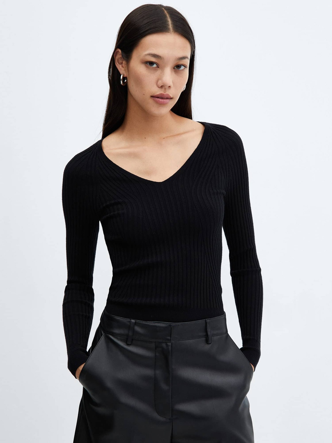 

MANGO Ribbed Pullover, Black