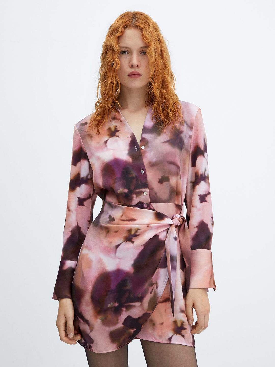 

MANGO Floral Print Wrap Style Shirt Mini Dress, Pink