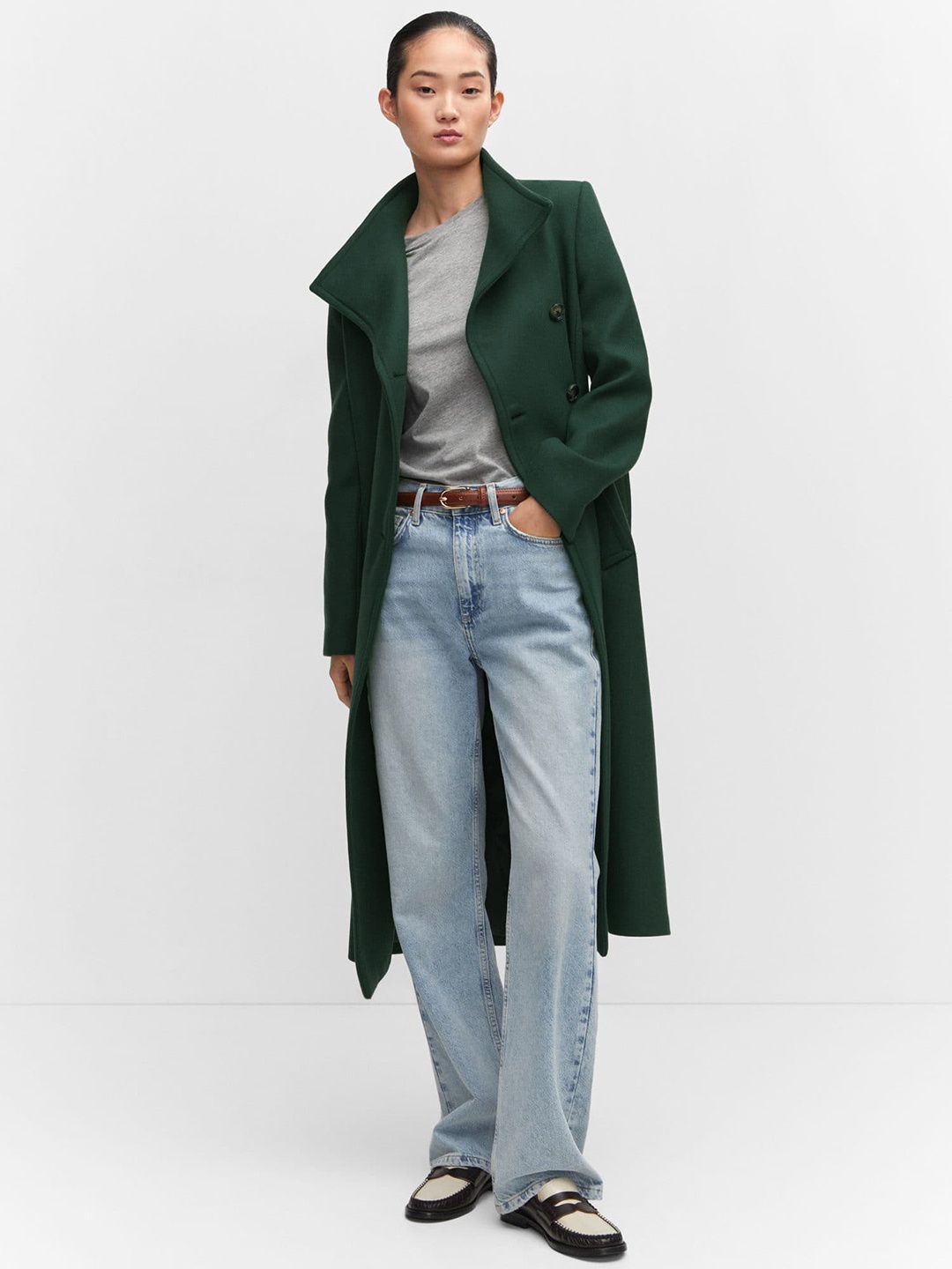 

MANGO Double-Breasted Longline Trench Coat with Belt, Green