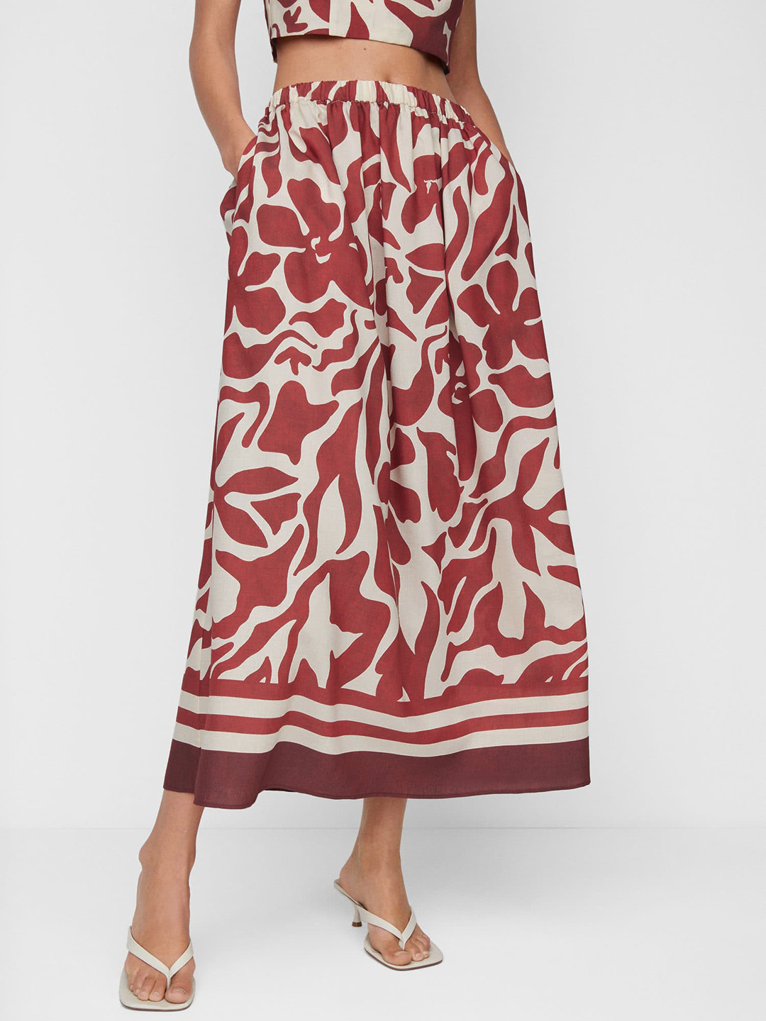 

MANGO High-Rise Printed A-Line Midi Skirt, Red