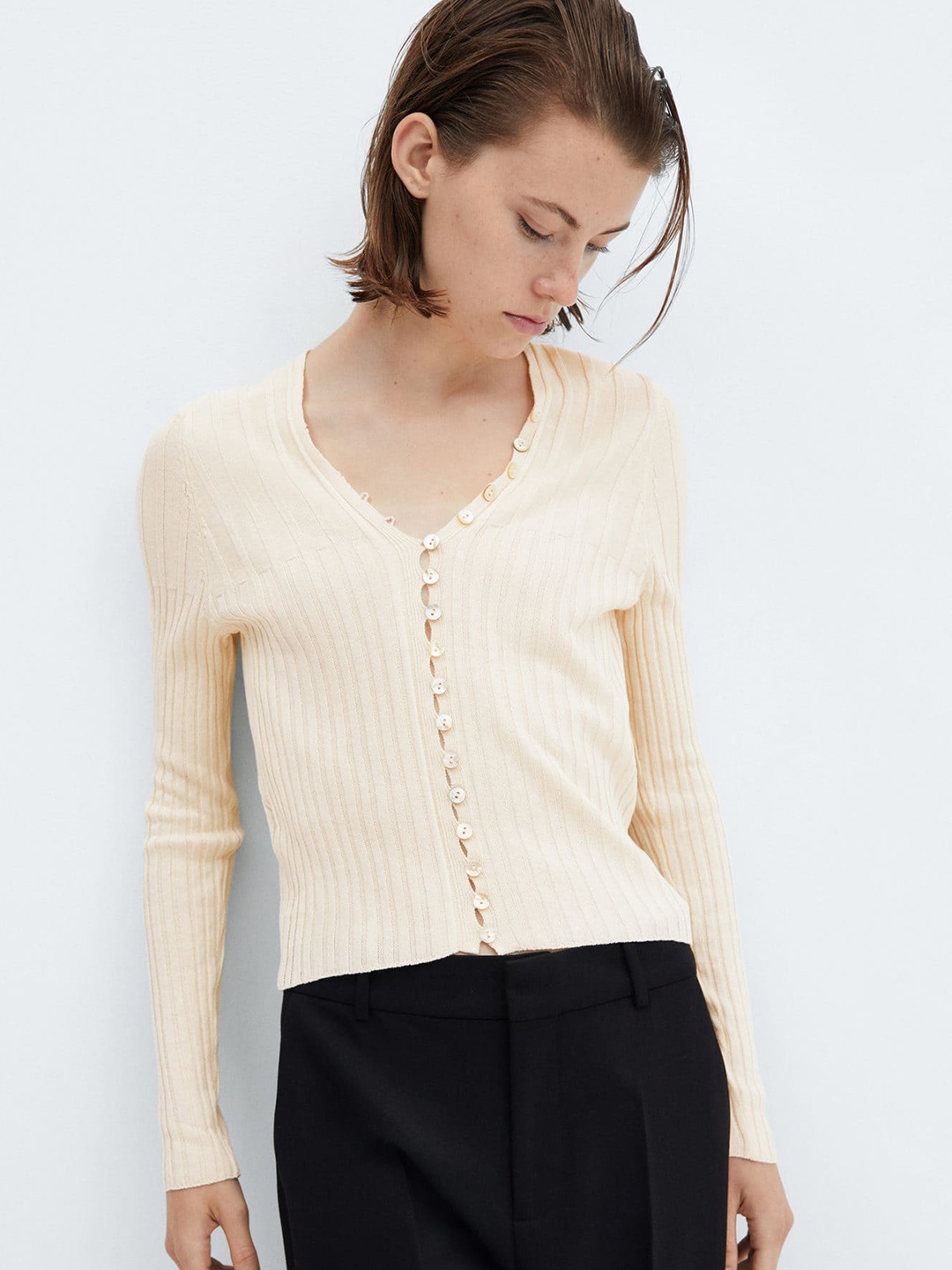 

MANGO Button Detail Ribbed Acrylic Cardigan, Cream