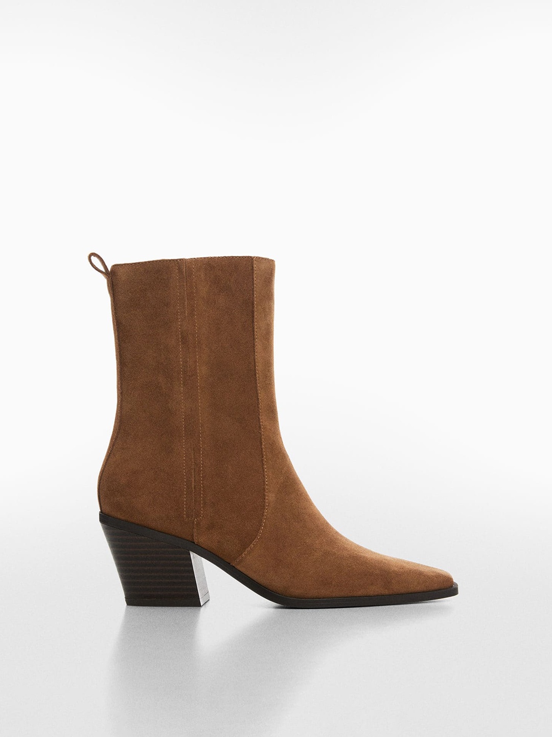 

MANGO Women Square-Toe Mid-Top Leather Block Heel Boots, Brown