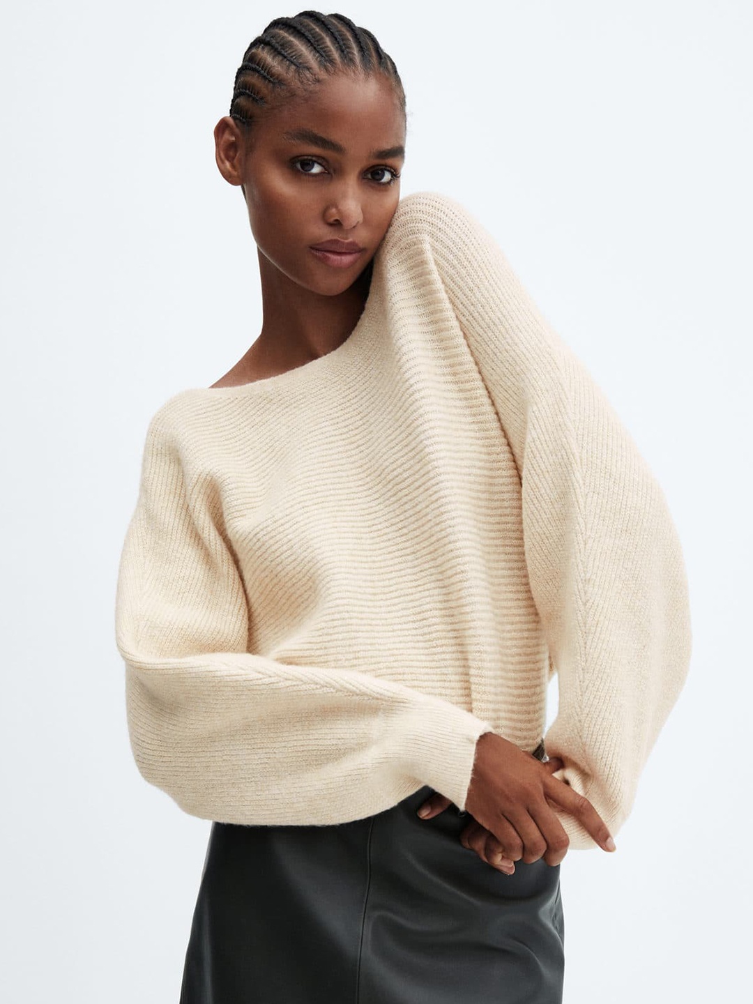 

MANGO Boat Neck Ribbed Pullover, Beige