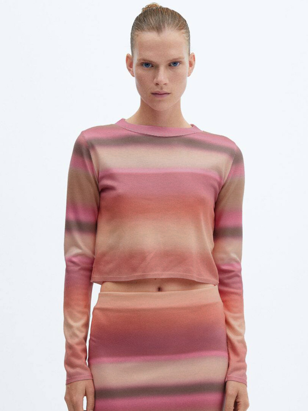 

MANGO Striped Acrylic Crop Pullover, Pink