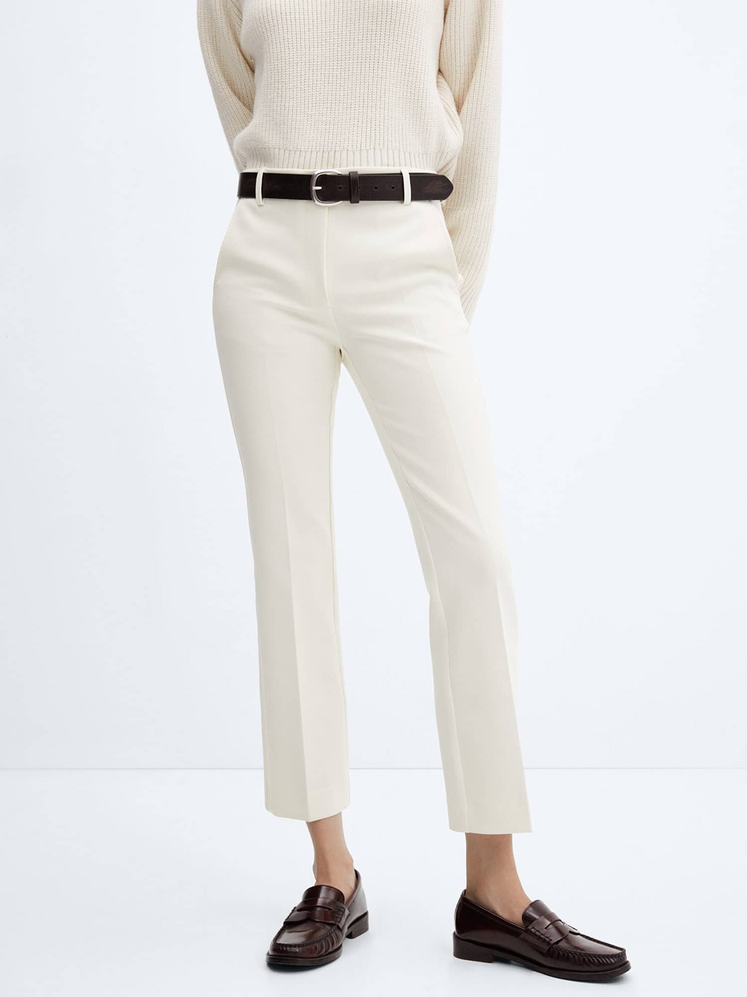 

MANGO Women Straight Fit Crop Trousers, Off white