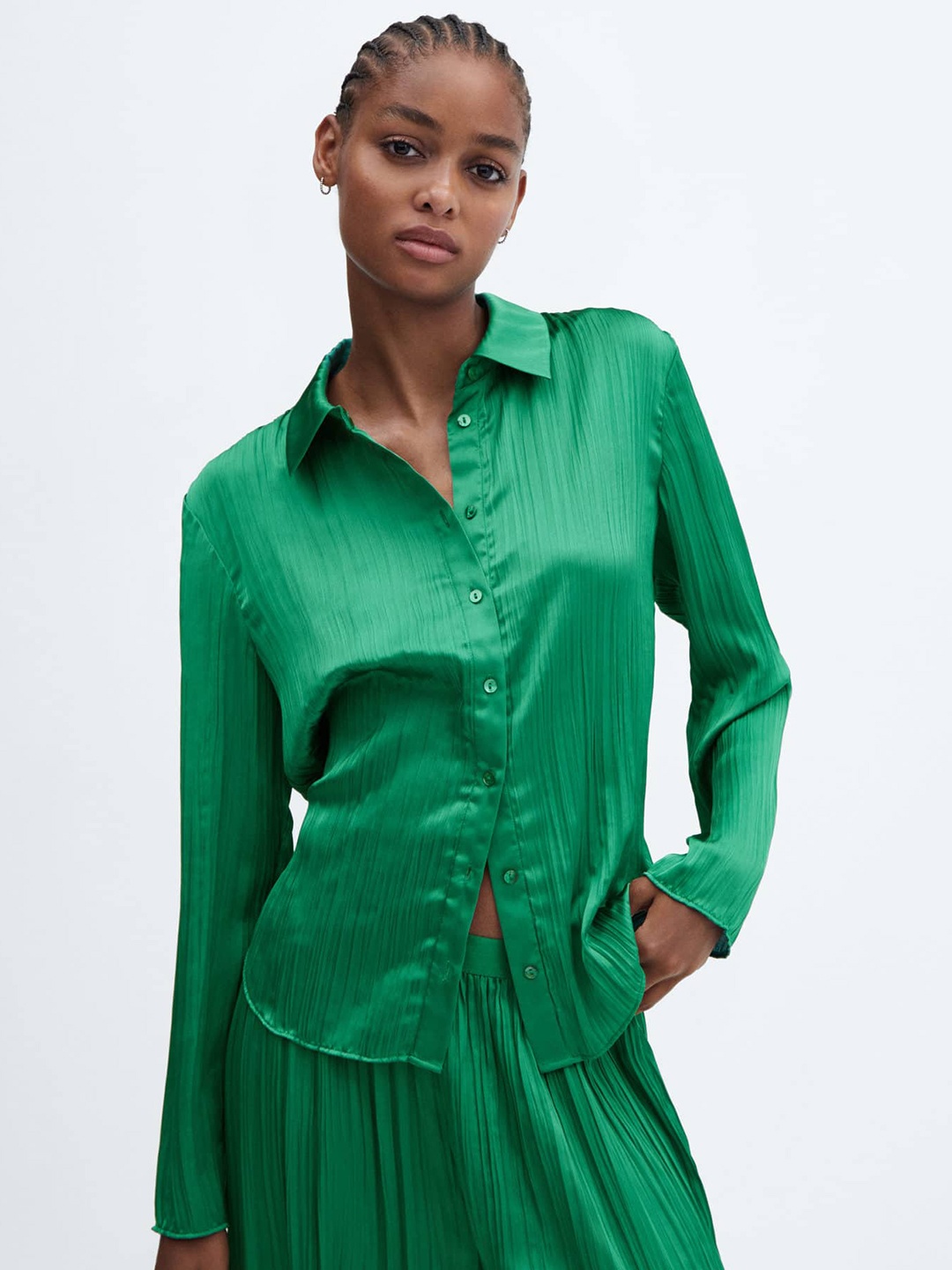 

MANGO Accordion Pleated Satin Finish Shirt, Green