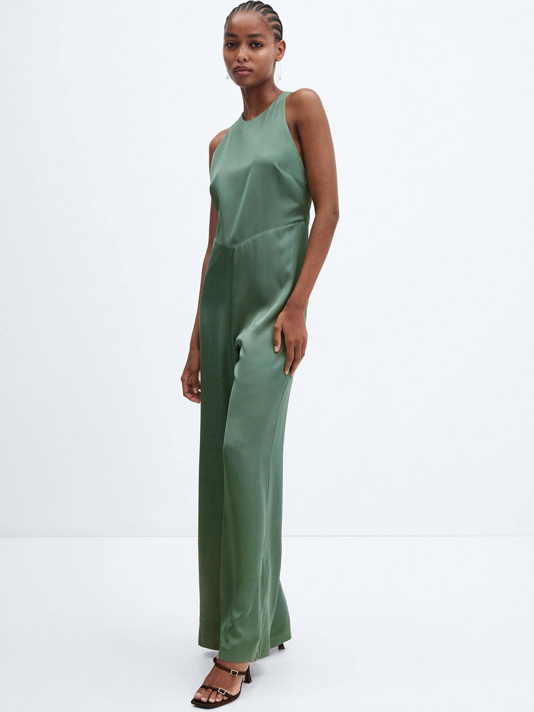 

MANGO Satin Finish Wide Leg Jumpsuit, Green