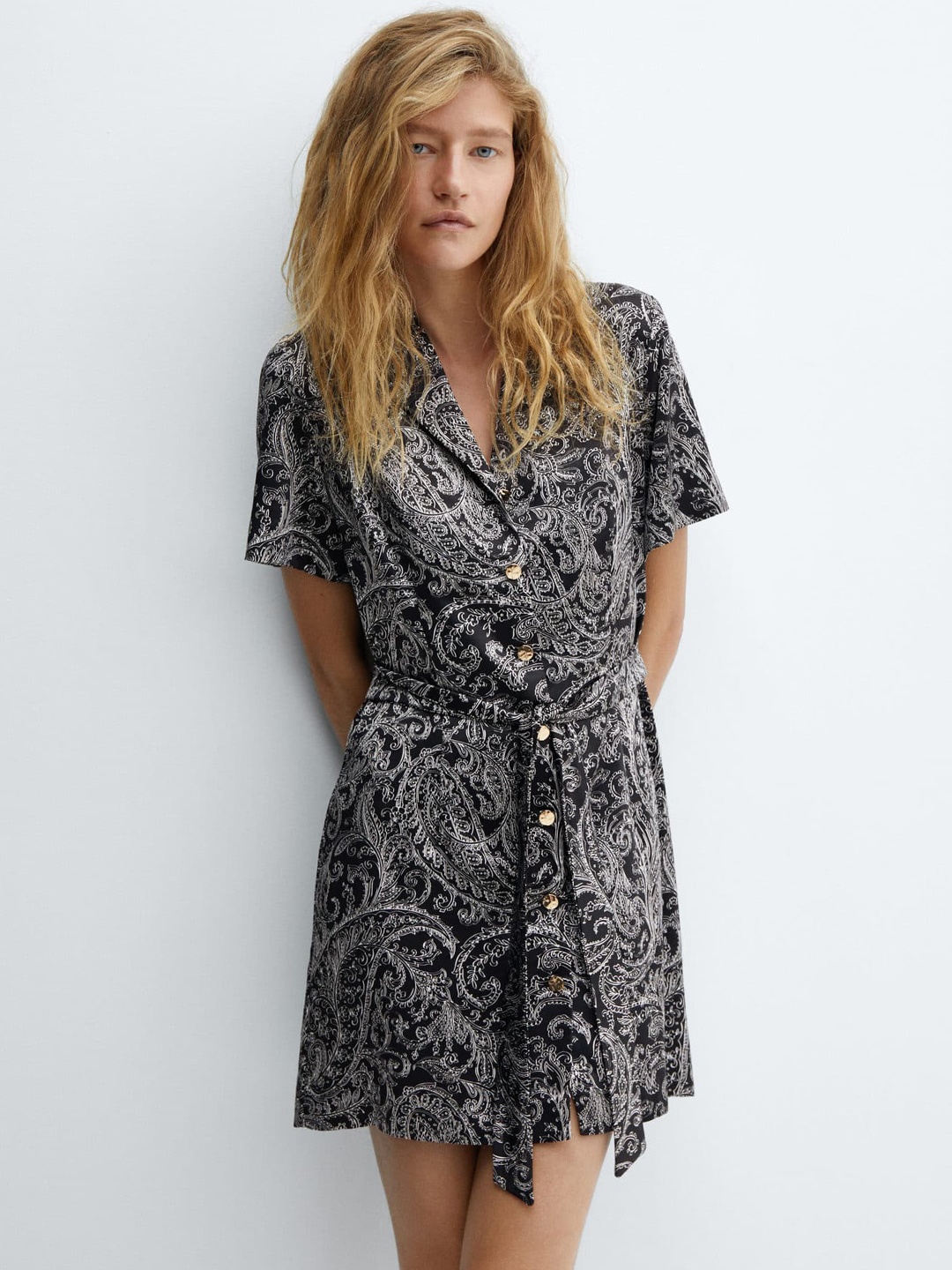 

MANGO Ethnic Paisley Motifs Print Shirt Style Mini Dress, Black