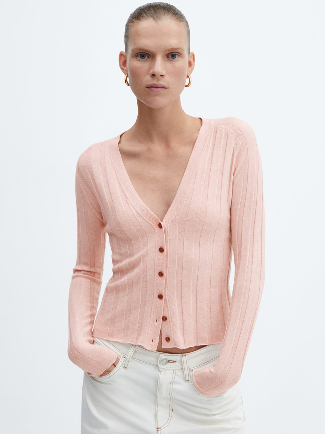 

MANGO V-Neck Ribbed Cardigan, Pink