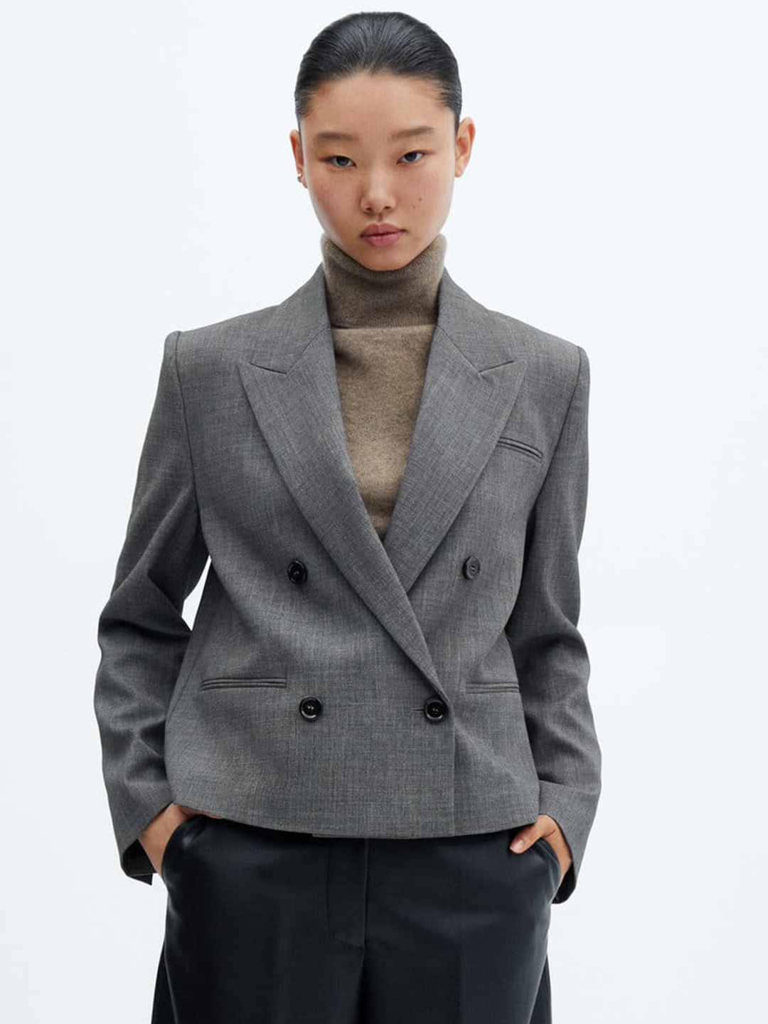 

MANGO Double-Breasted Cropped Blazer, Grey