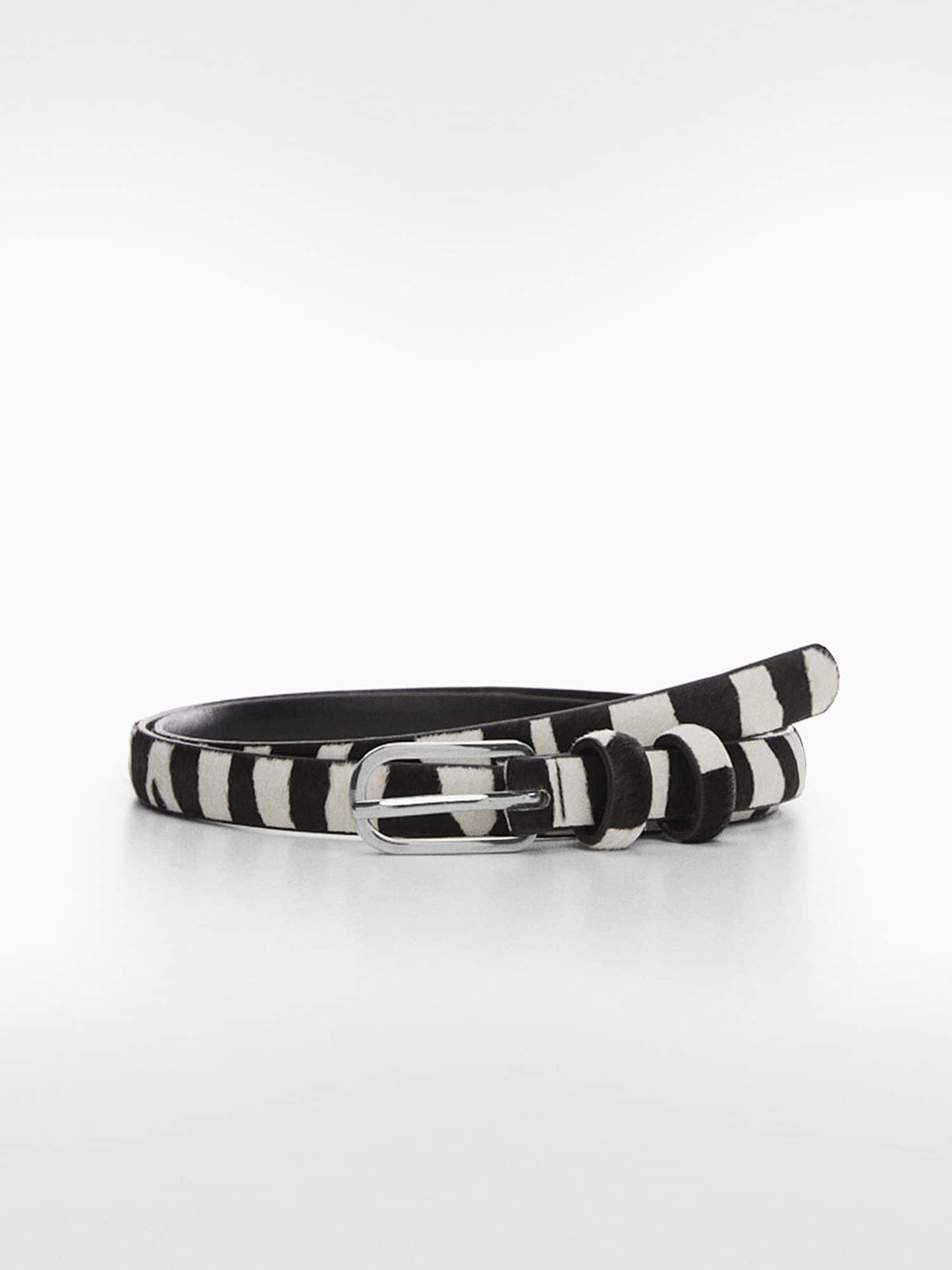 

MANGO Women Animal Printed Leather Slim Belt, Off white