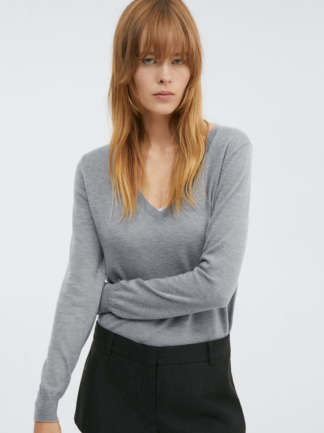 

MANGO V-Neck Woollen Pullover, Grey