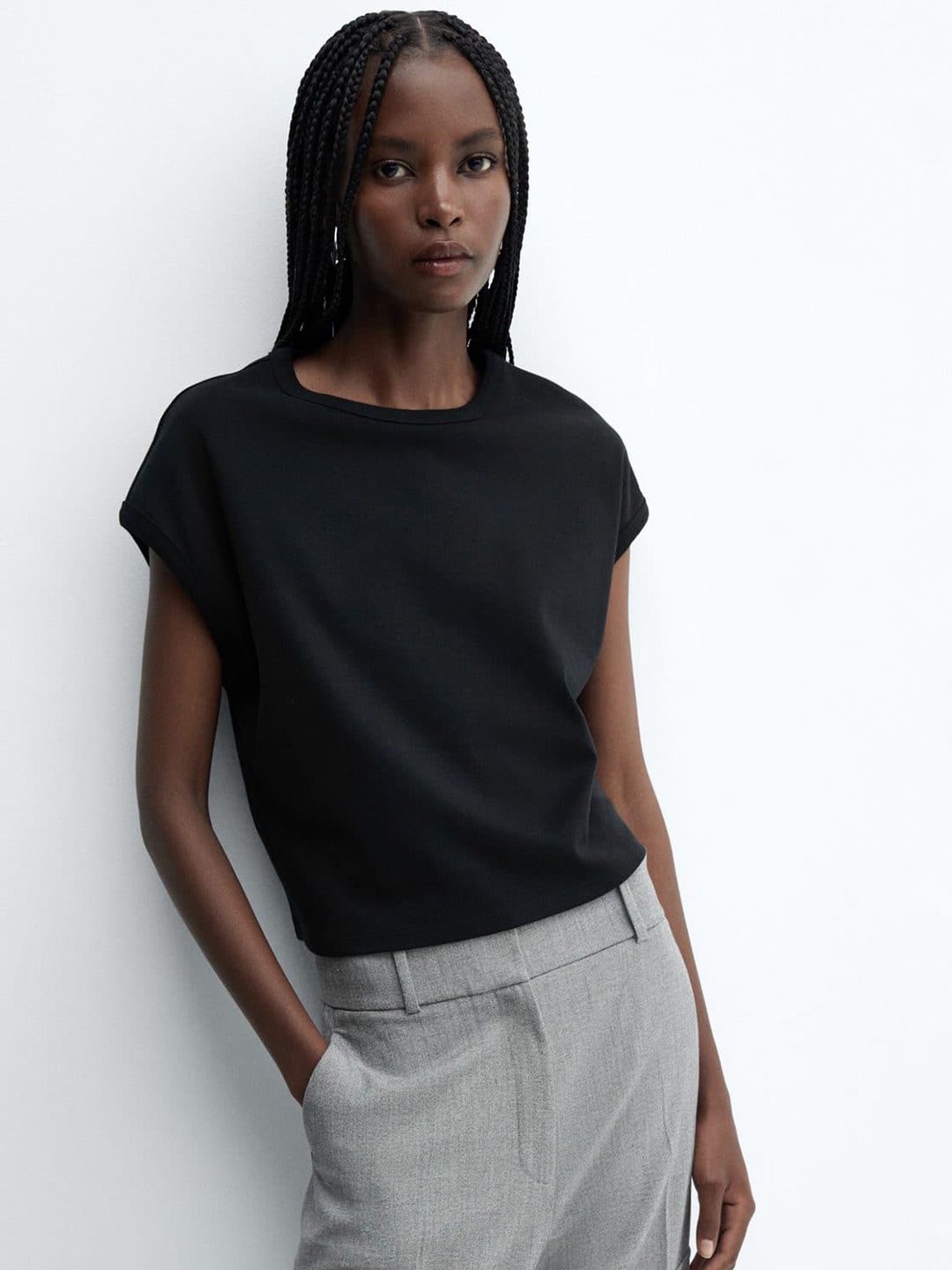 

MANGO Extended Sleeves Pure Cotton T-shirt, Black