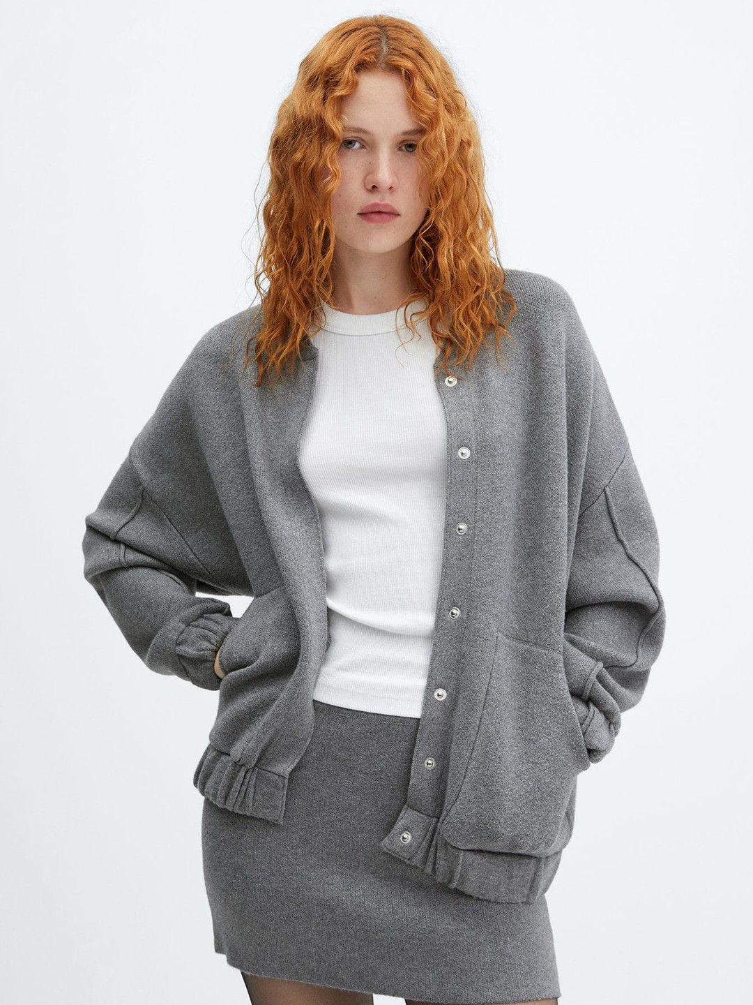 

MANGO Knitted Bomber Style Cardigan, Grey