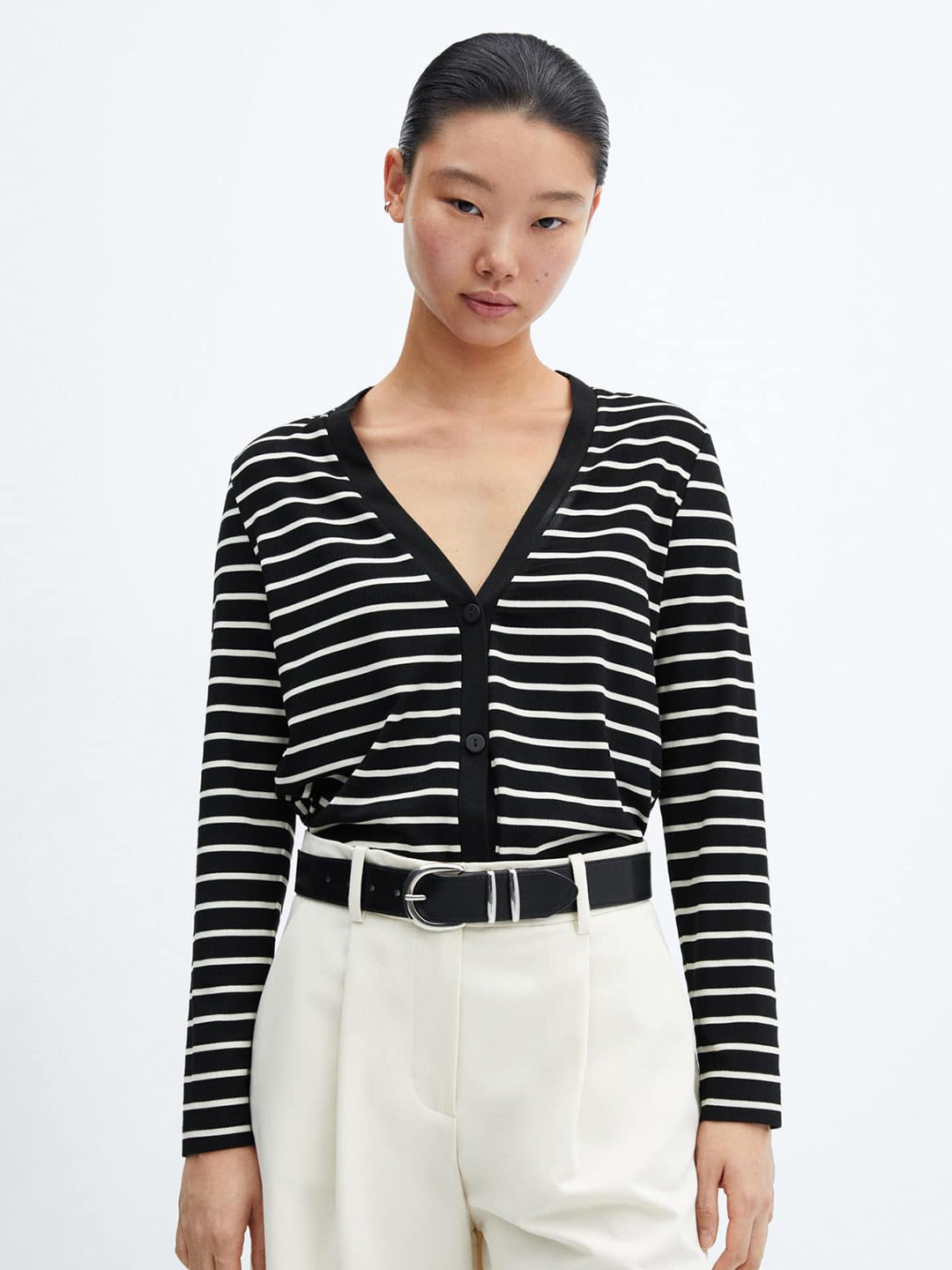 

MANGO V-Neck Striped Cardigan, Black