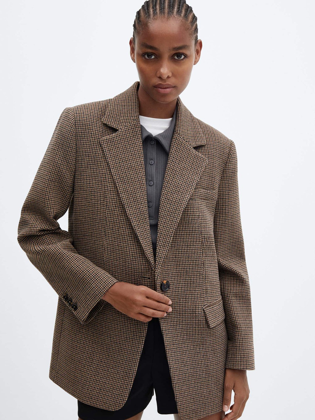 

MANGO Single-Breasted Houndstooth Pattern Notched Lapel Collar Formal Blazer, Brown