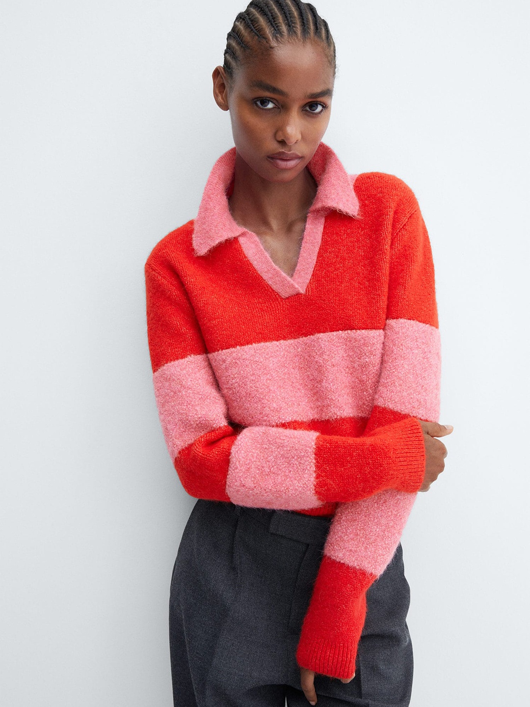 

MANGO Boucle Polo-Neck Contrast Panel Pullover, Red