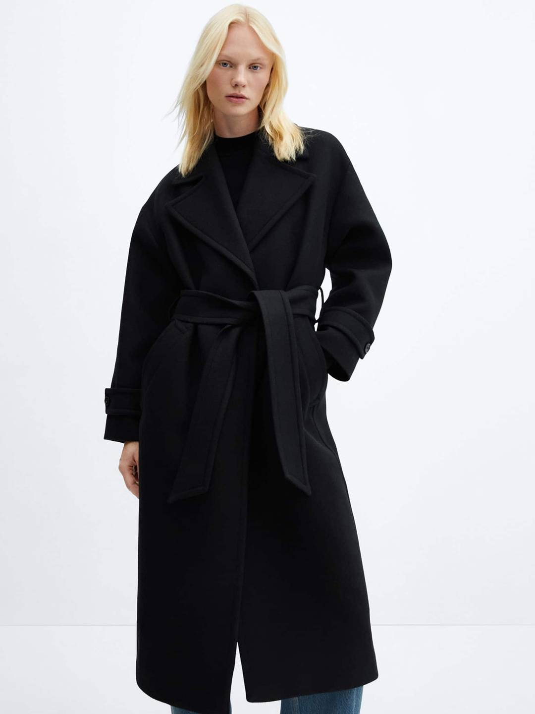 

MANGO Wide Lapel Wool Blend Longline Coat with Belt, Black