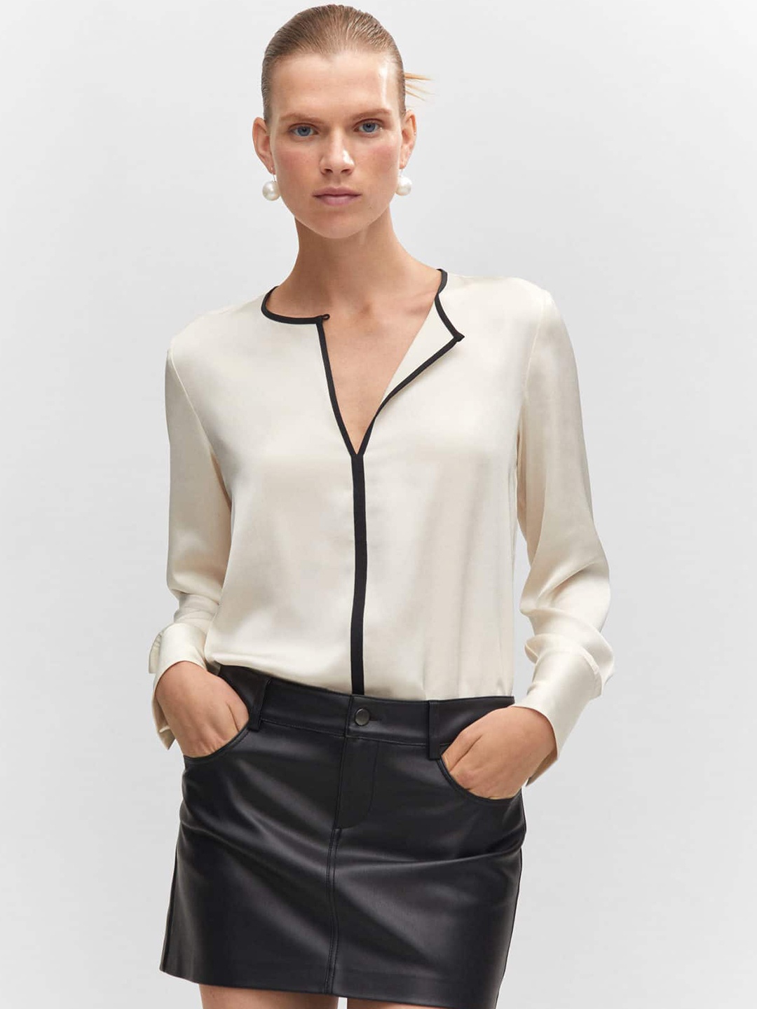 

MANGO Contrast Trim Top, Off white