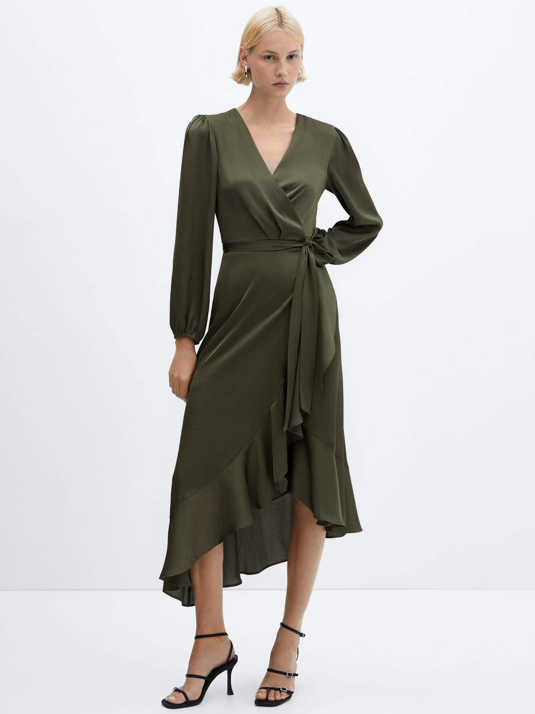 

MANGO Satin-Finish Puff Sleeves Tie-Ups Detail Wrap Style Midi Dress, Khaki