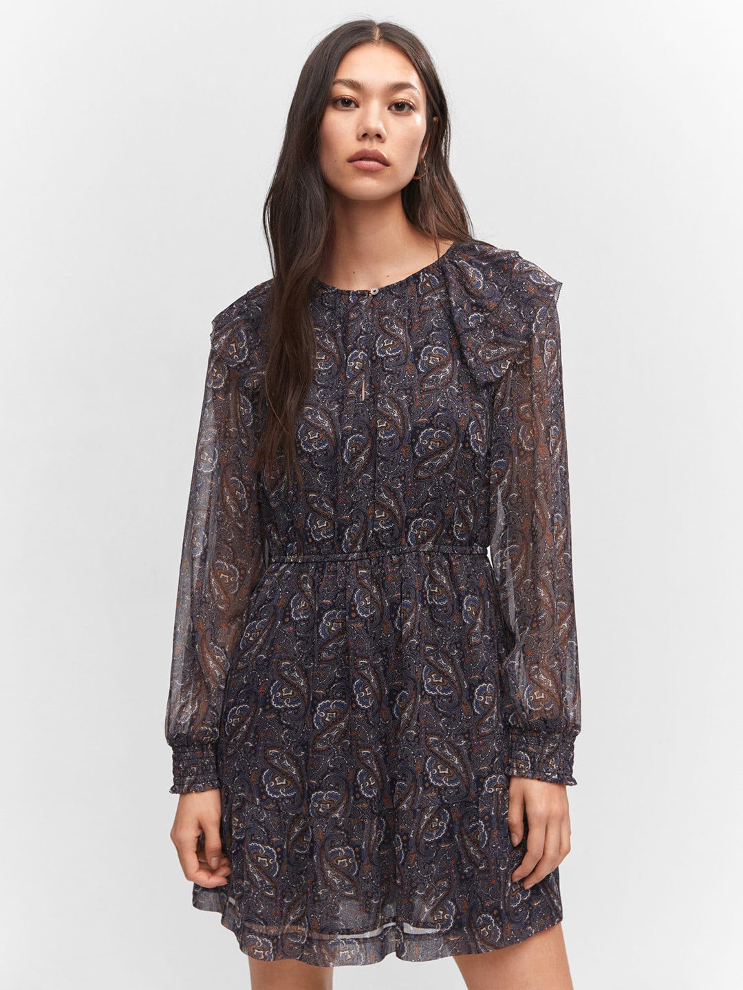 

MANGO Paisley Print Ruffled A-Line Mini Dress, Black