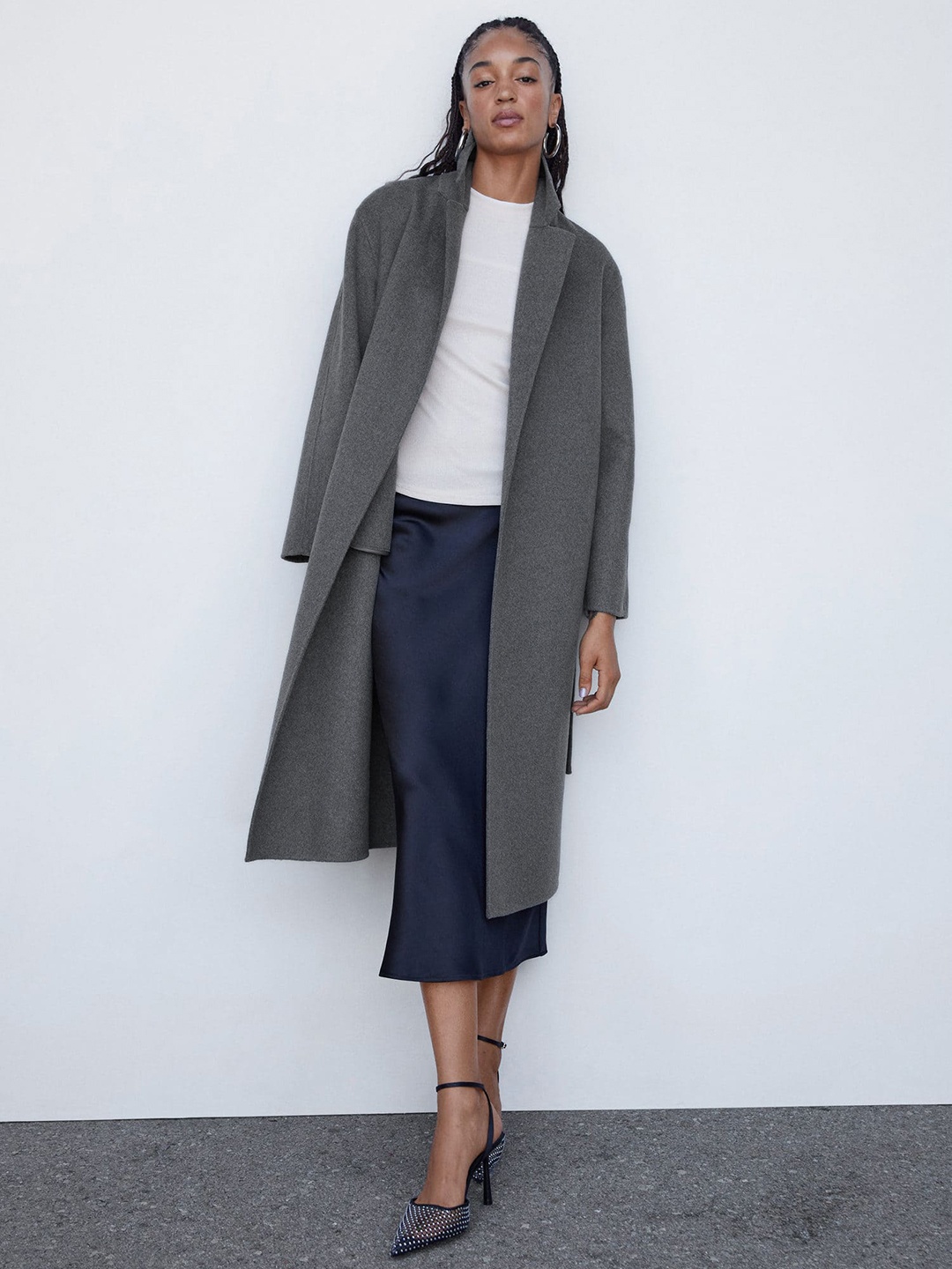 

MANGO Handmade Longline Front Open Coat with Belt, Blue