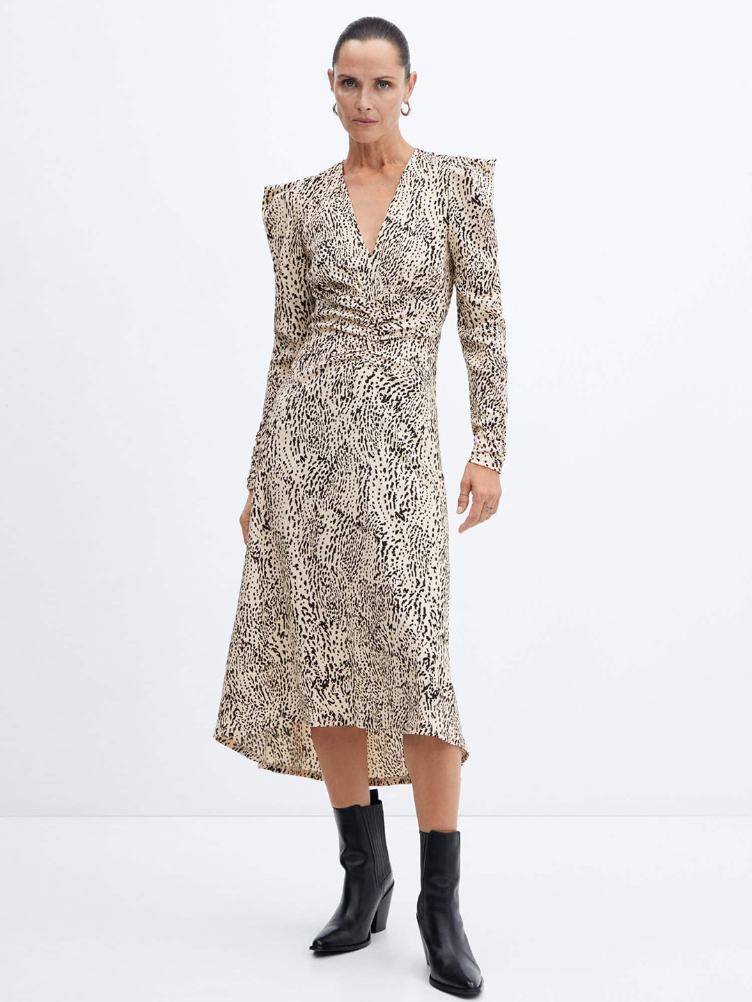 

MANGO Printed Puff Sleeves A-Line Midi Dress, Cream