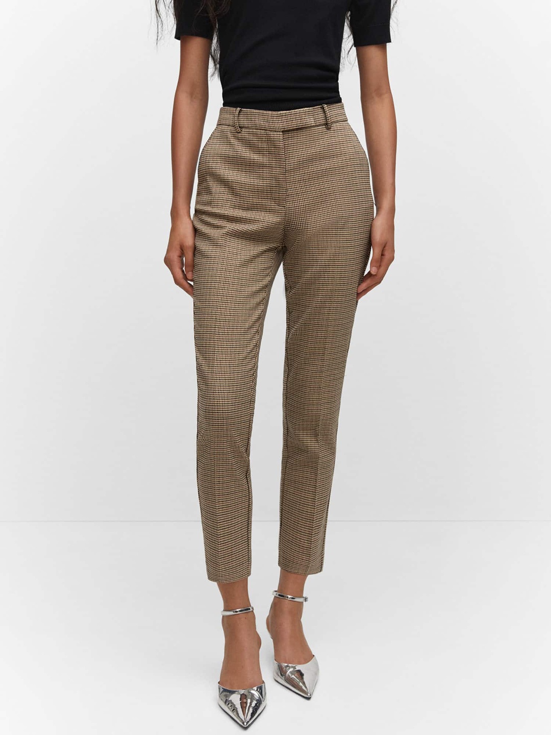 

MANGO Women Houndstooth Skinny Fit Trousers, Beige