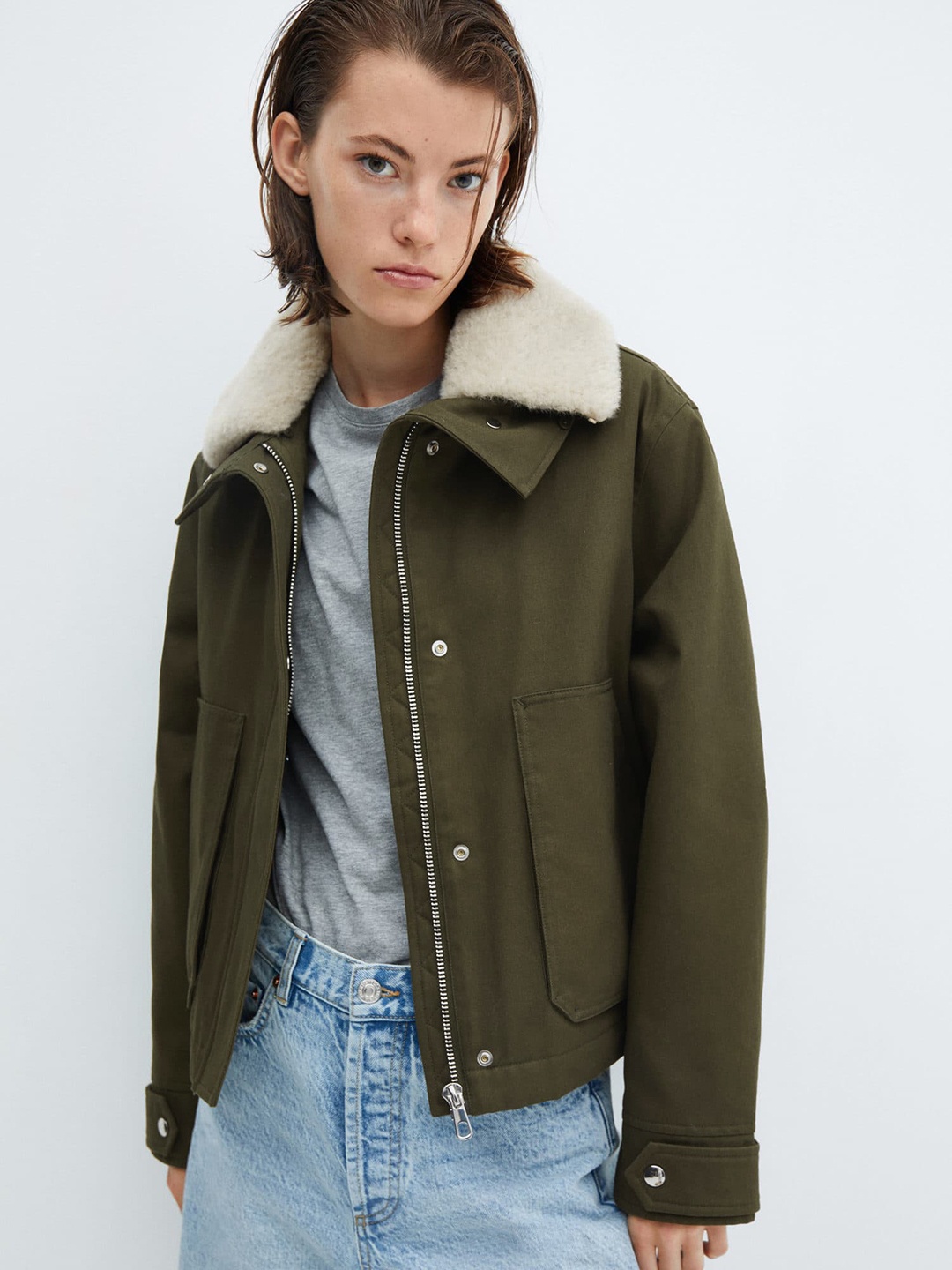 

MANGO Parka Jacket with Detachable Fur-Effect Collar, Olive