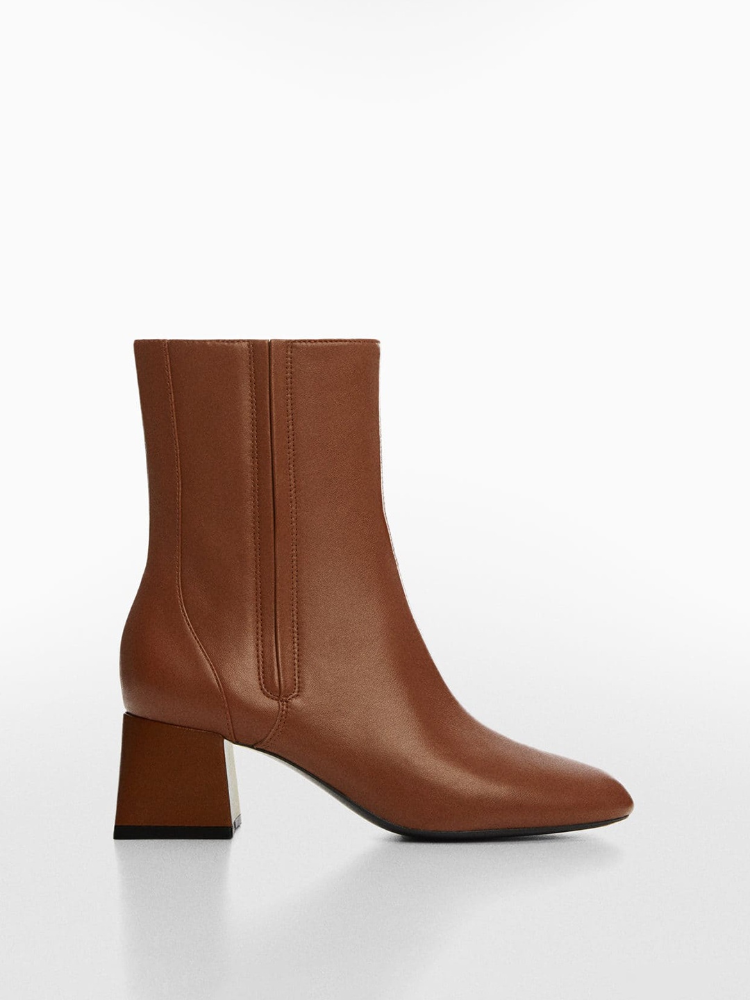 

MANGO Women Round-Toe Mid-Top Leather Block Heel Boots, Brown