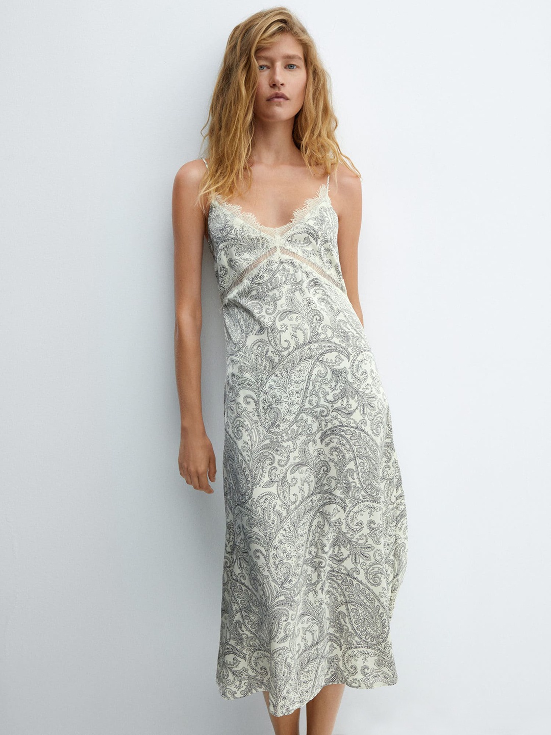 

MANGO Paisley Print Lace Insert A-Line Midi Dress, Off white