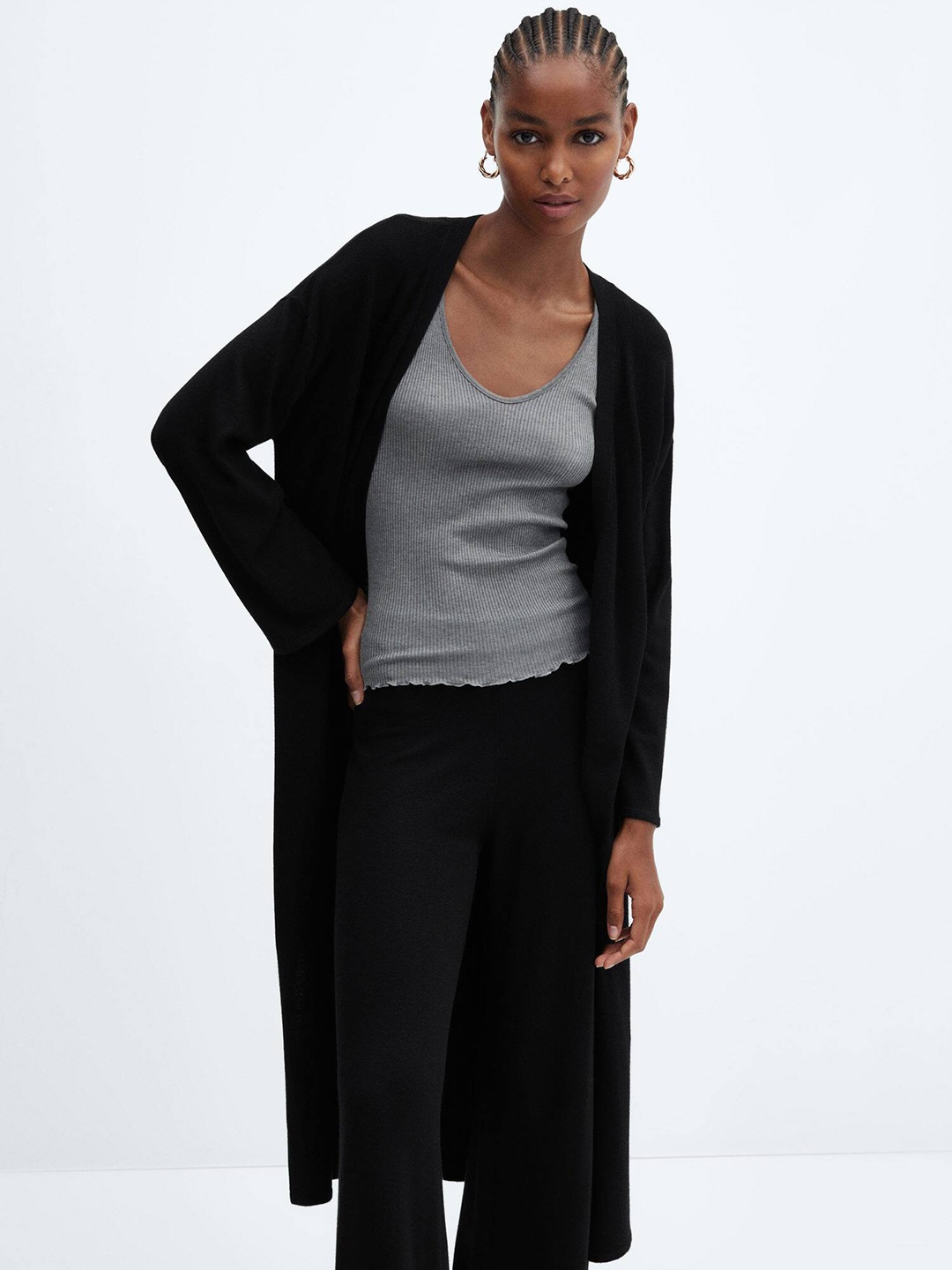 

MANGO Longline Front-Open Sweater, Black