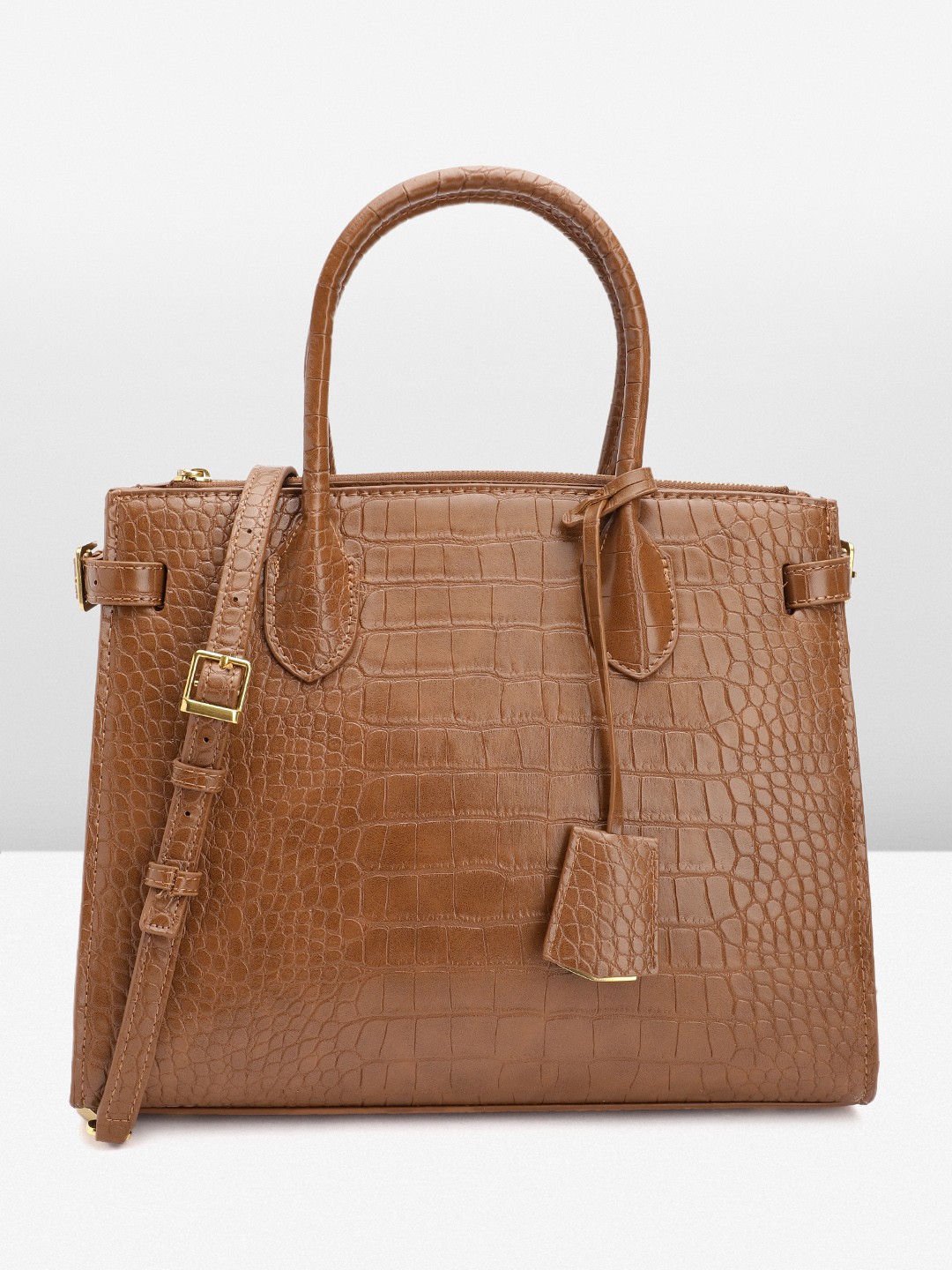 

MANGO Brown Croc Textured Structured Handheld Bag