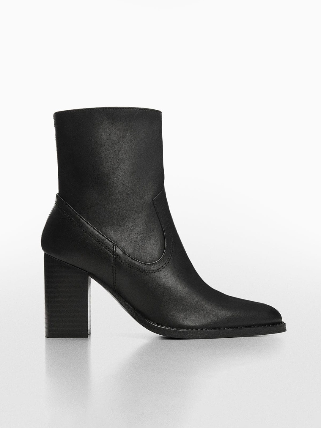 

MANGO Women Pointed-Toe Mid-Top Leather Block Heel Boots, Black