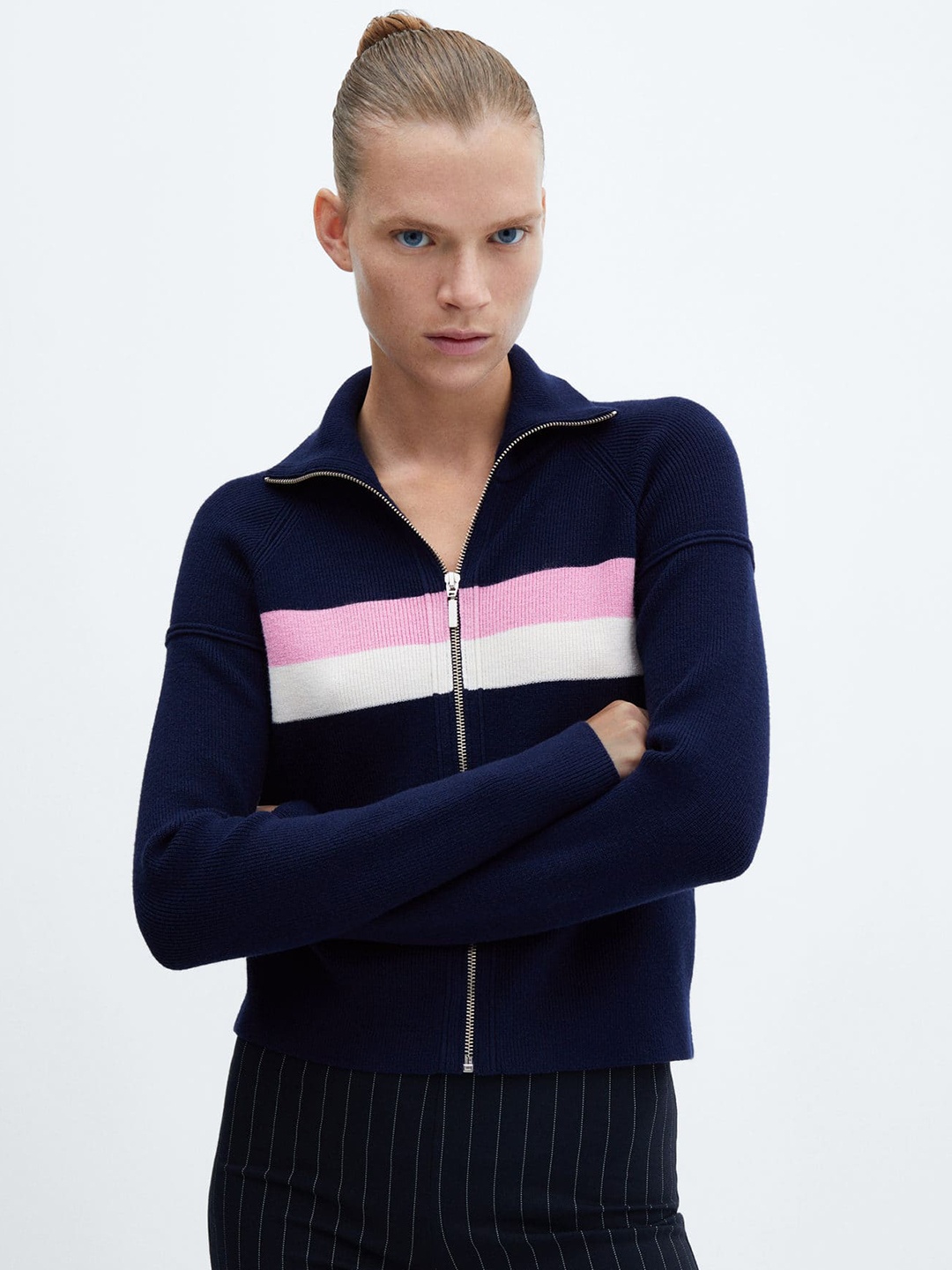 

MANGO Women Mock Collar Striped Cardigan, Navy blue
