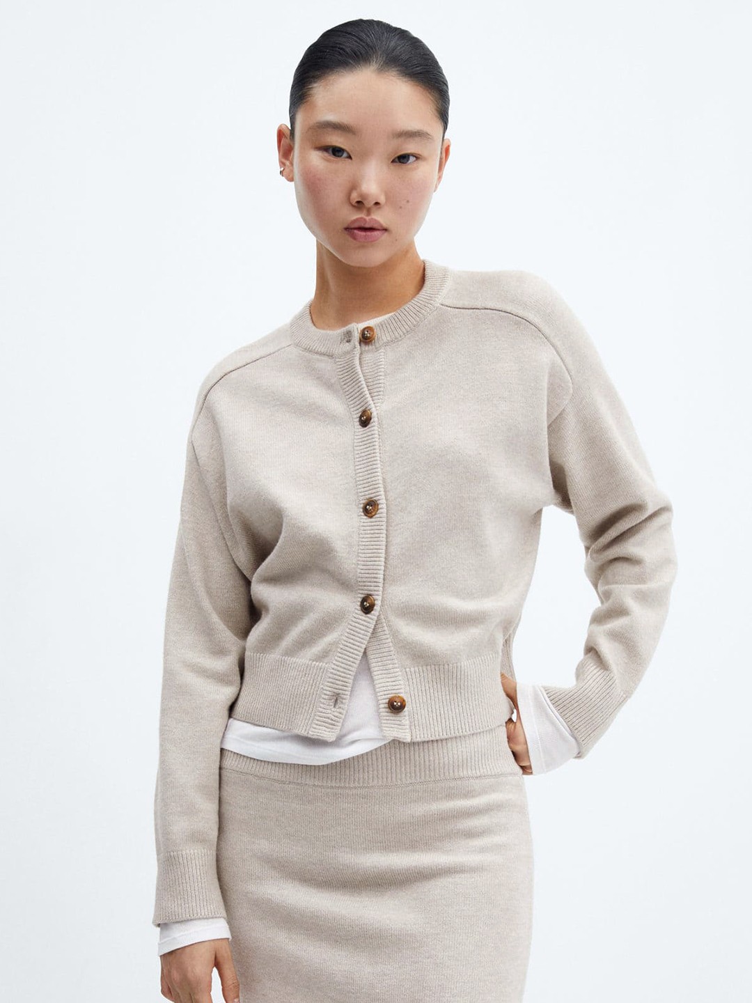 

MANGO Seam Detail Raglan Sleeves Cardigan, Beige