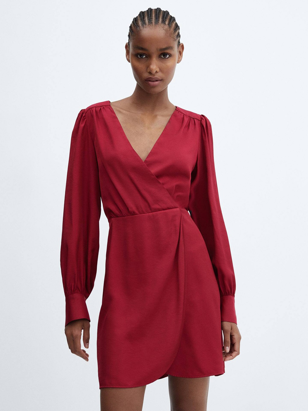 

MANGO Puff Sleeves Tulip Hem Wrap Dress, Burgundy