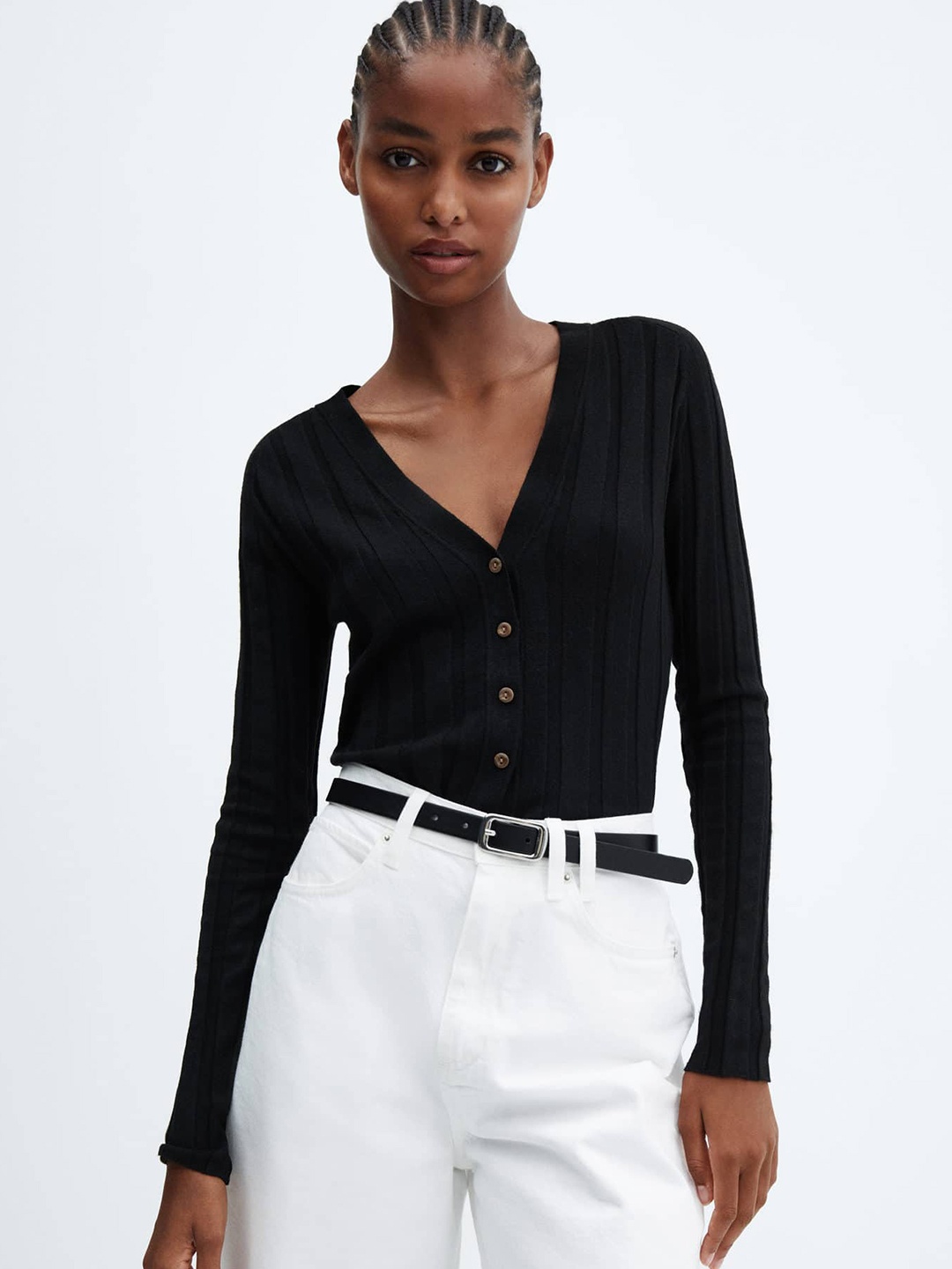 

MANGO Women Ribbed Cardigan, Black