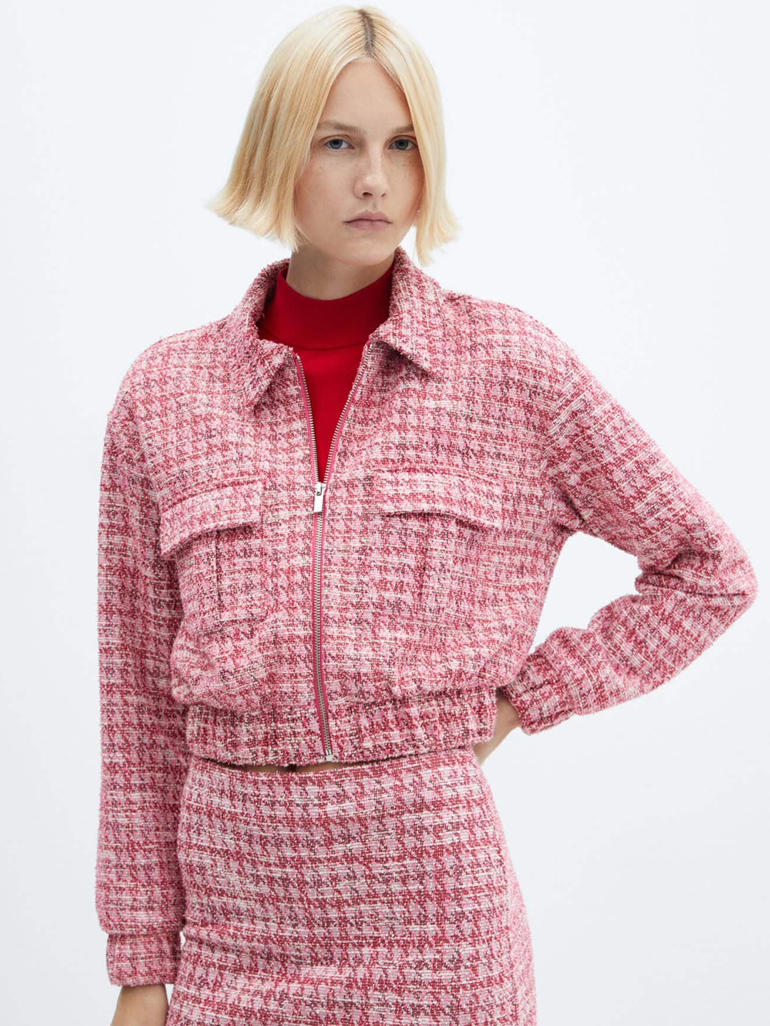 

MANGO Houndstooth Print Flap Pockets Detailed Tweed Tailored Jacket, Pink