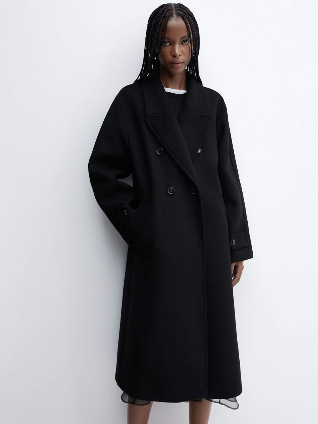 

MANGO Double-Breasted Peaked Lapel Collar Longline Oversized Overcoat, Black