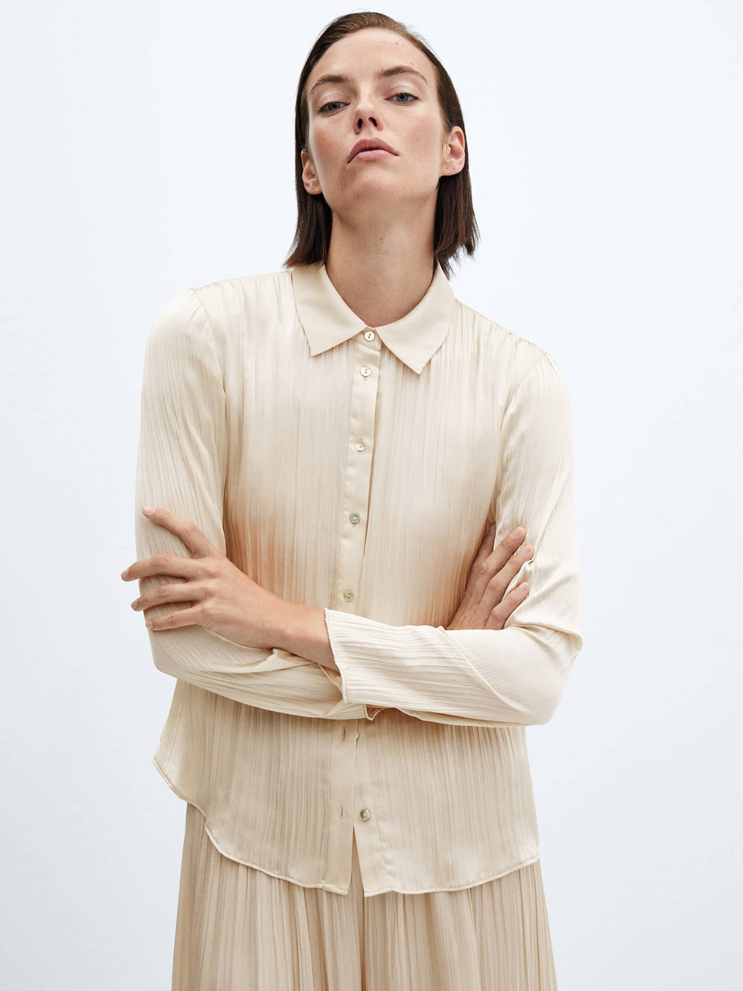 

MANGO Accordion Pleated Satin Finish Shirt, Beige