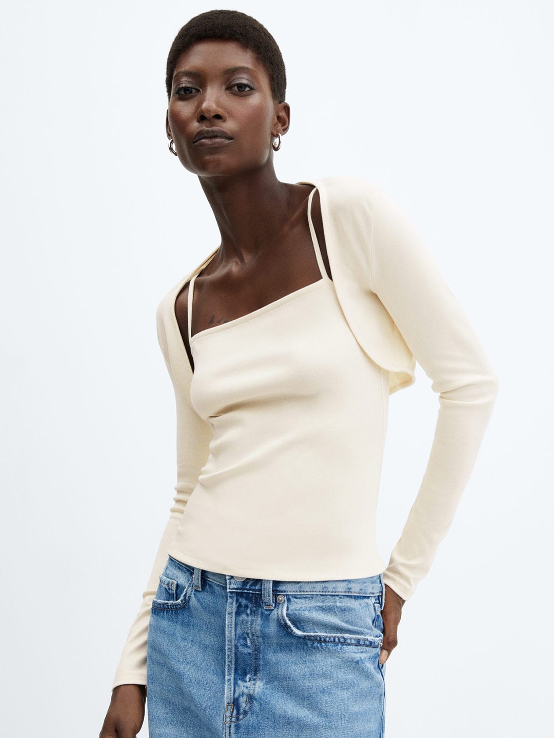 

MANGO Spaghetti Top with Bolero Jacket, Off white