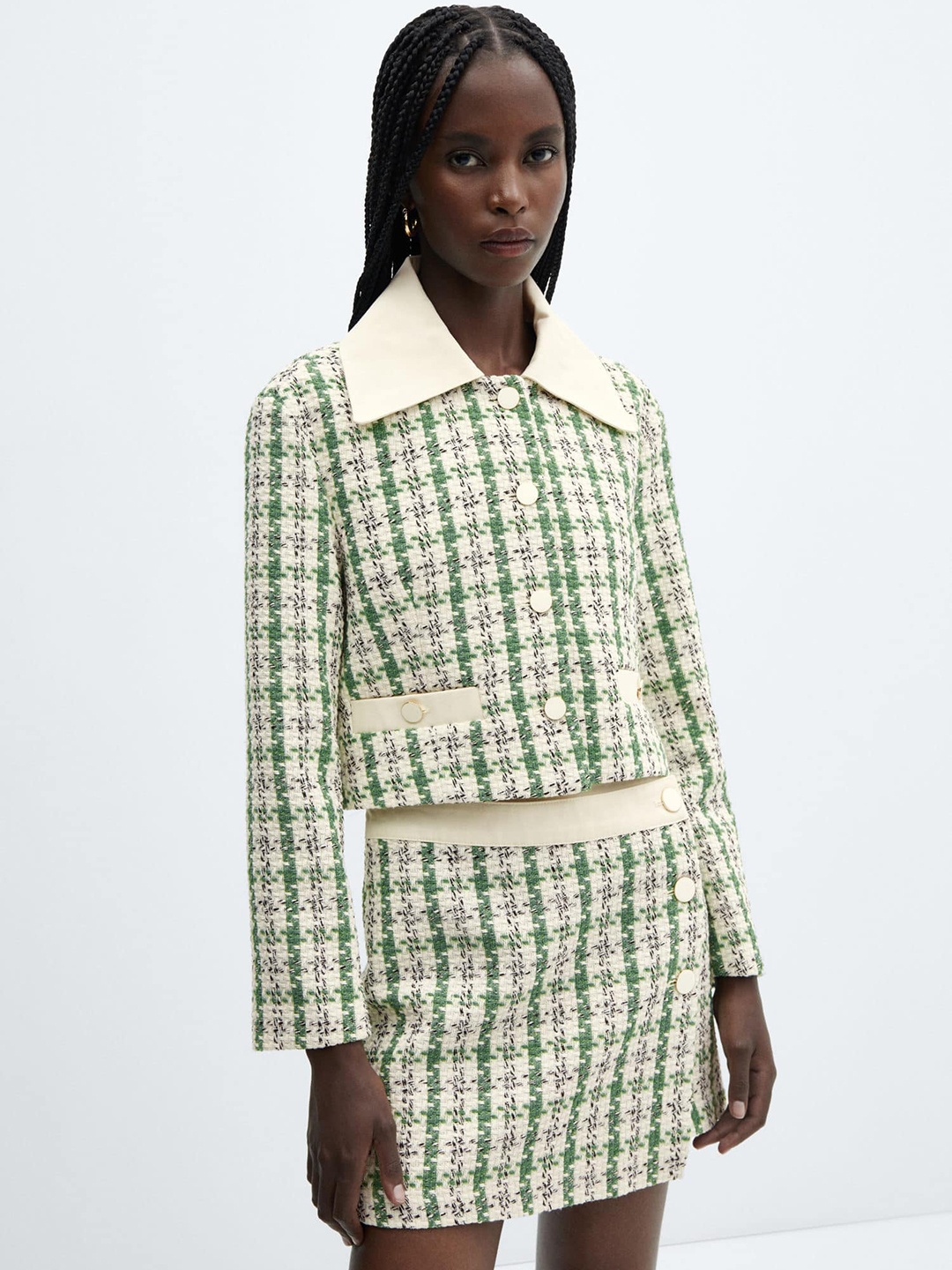 

MANGO Women Tweed Checked Tailored Jacket, Off white