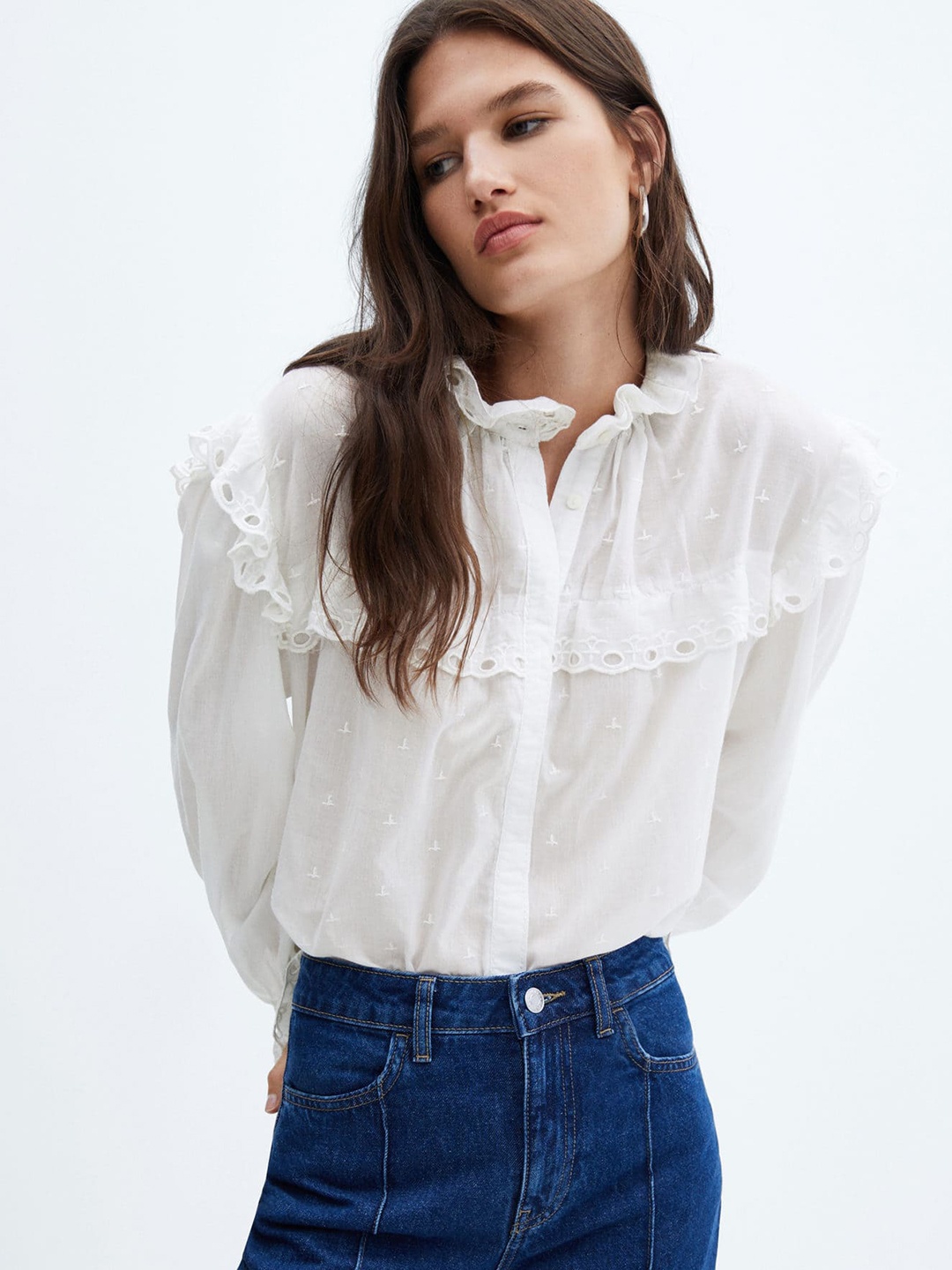 

MANGO Embroidered Puff Sleeve Ruffled Pure Cotton Shirt Style Top, White