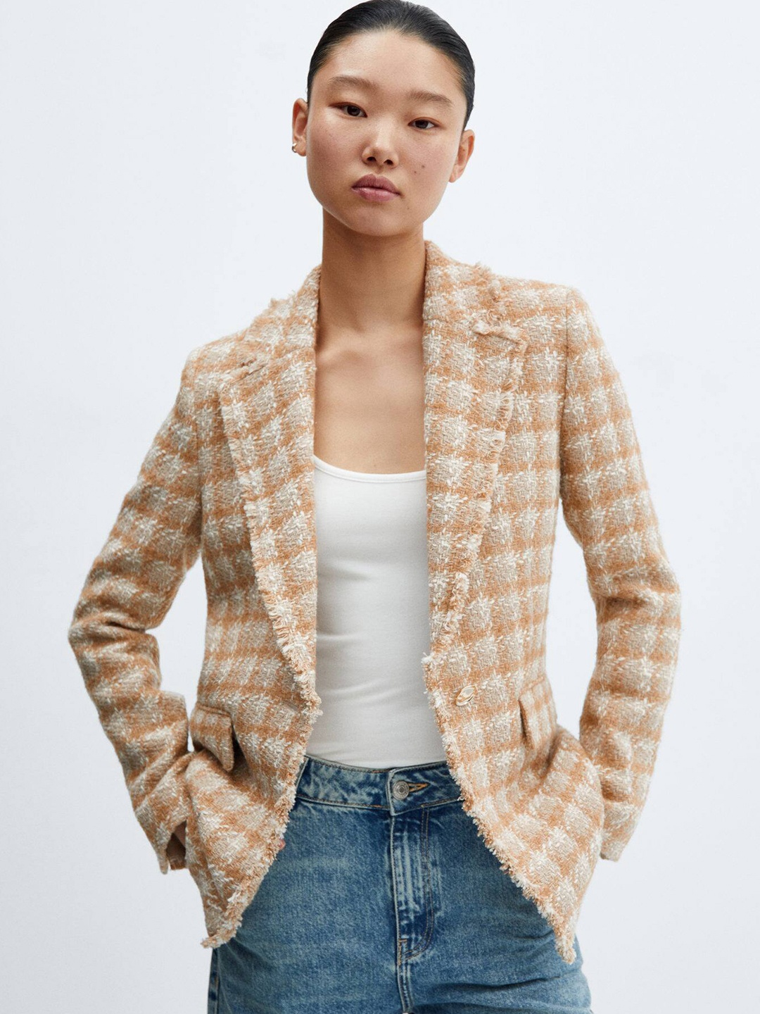 

MANGO Checked Pattern Notched Lapel Collar Single-Breasted Tweed Smart Casual Blazer, Brown