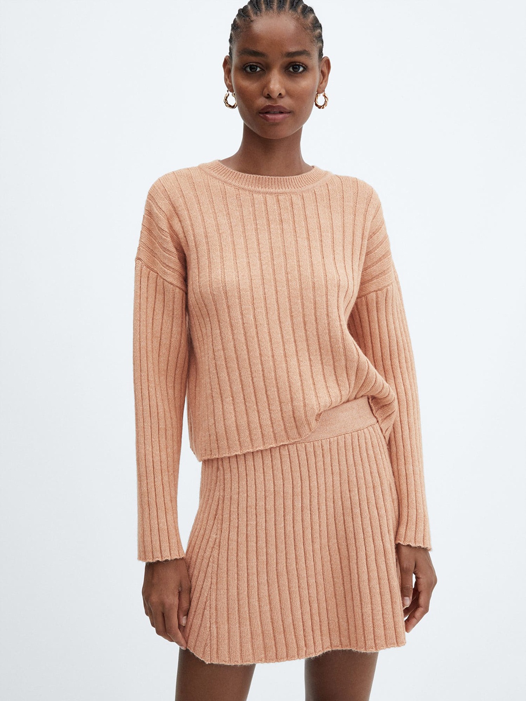 

MANGO Drop Shoulder Sleeves Ribbed Pullover, Peach