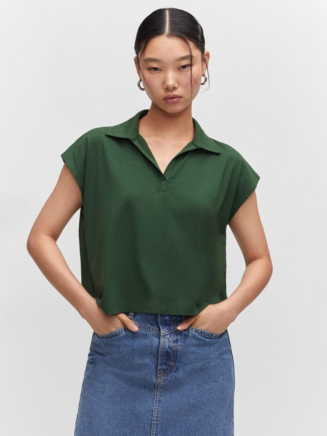 

MANGO Women Polo Collar Extended Sleeves T-shirt, Green