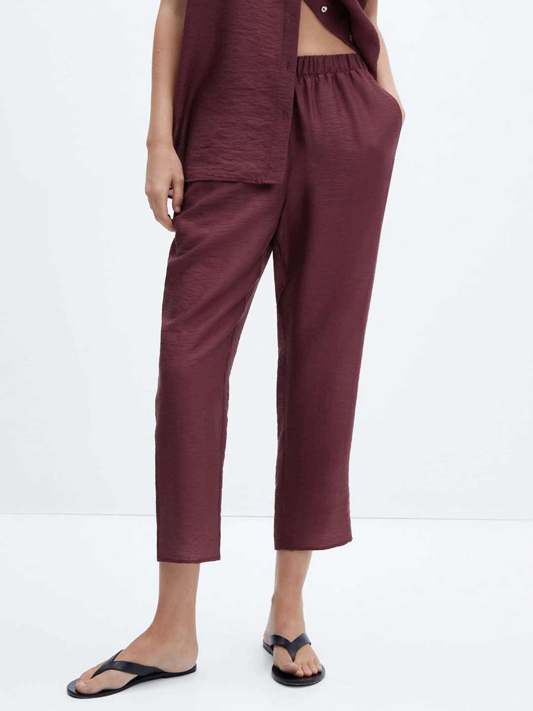 

MANGO Women Satin Finish Pleated Trousers, Maroon