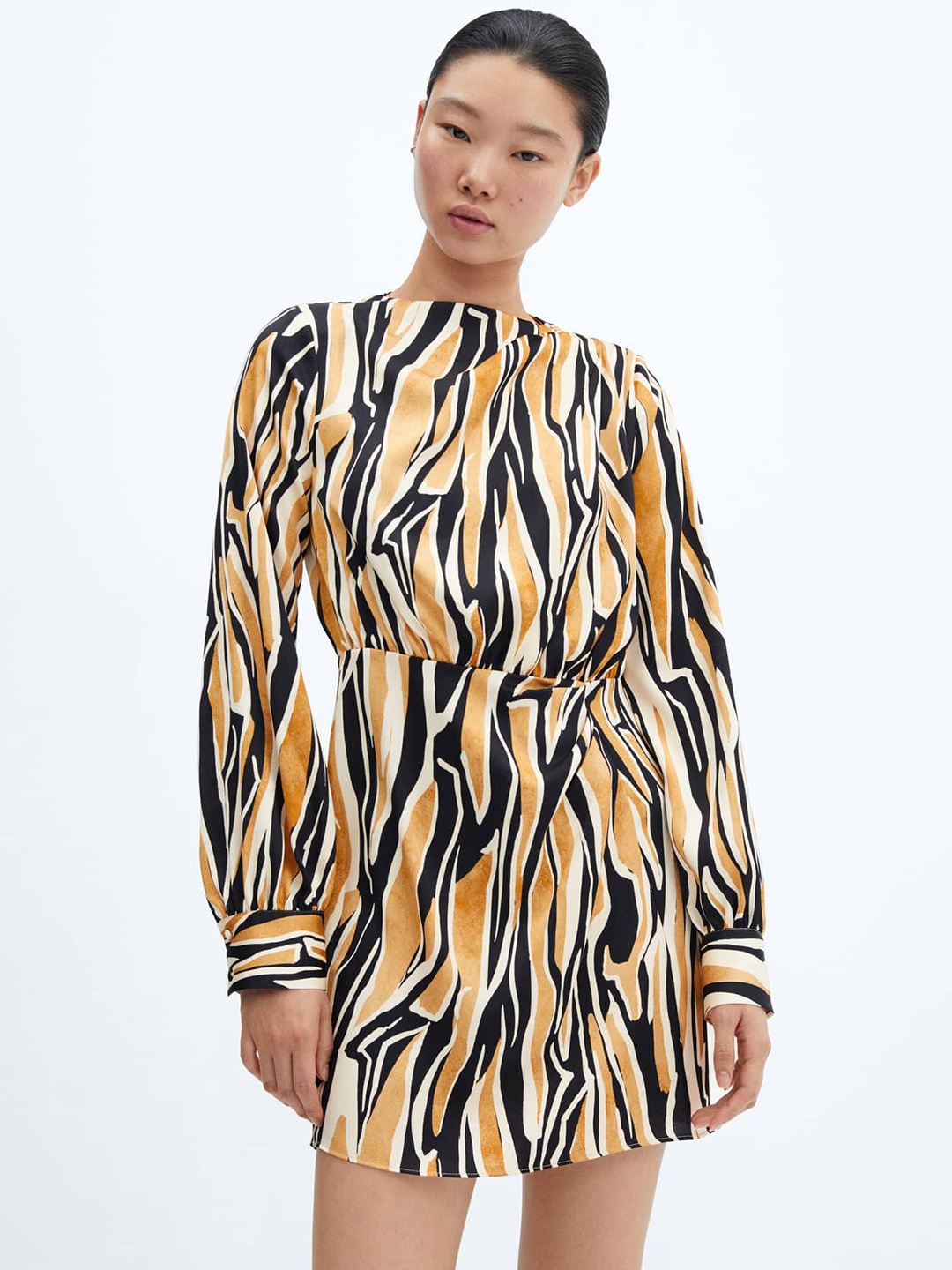 

MANGO Printed Satin Finish A-Line Mini Dress, Beige